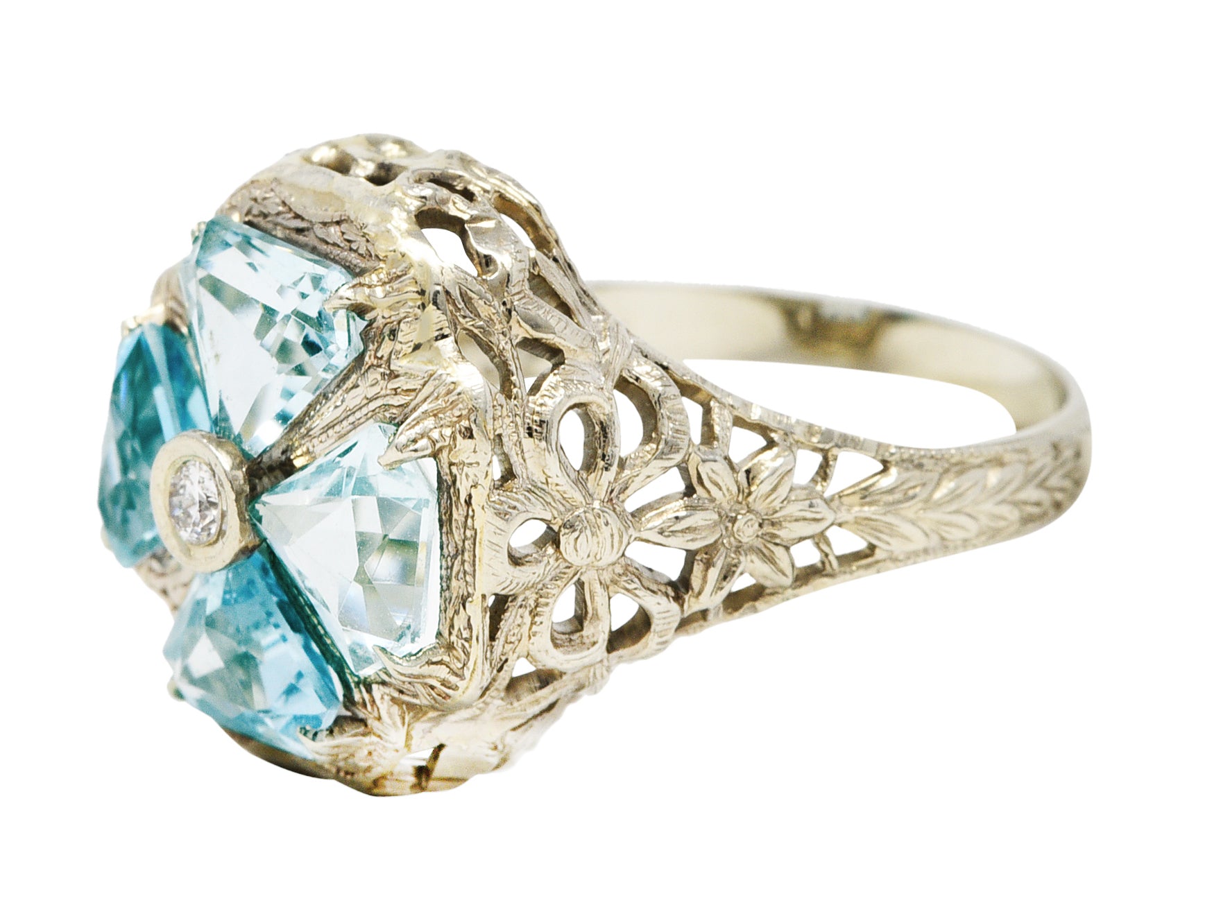 Early Art Deco 1.38 CTW Aquamarine Diamond 14 Karat White Gold Clover RingRing - Wilson's Estate Jewelry