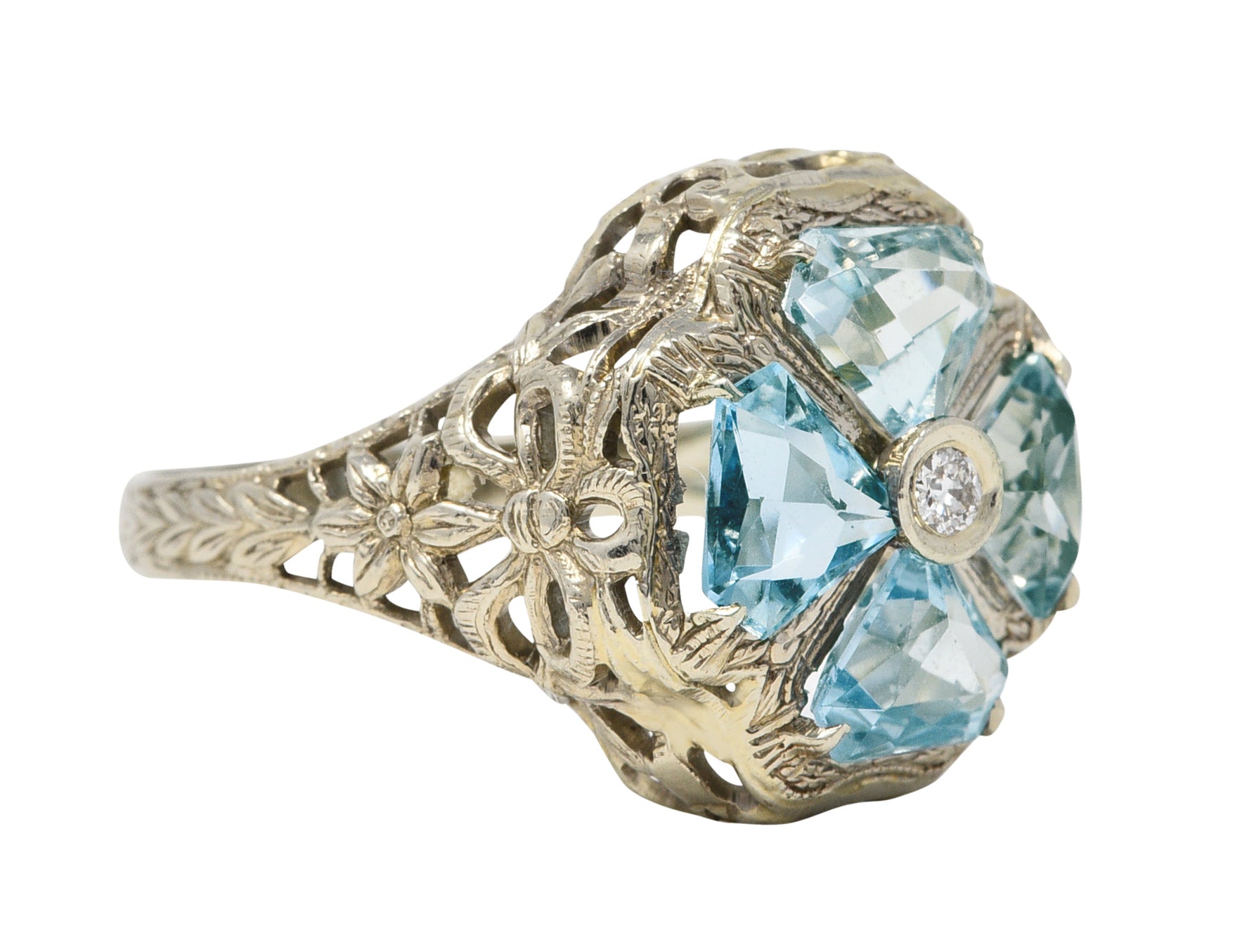 Early Art Deco 1.38 CTW Aquamarine Diamond 14 Karat White Gold Clover RingRing - Wilson's Estate Jewelry