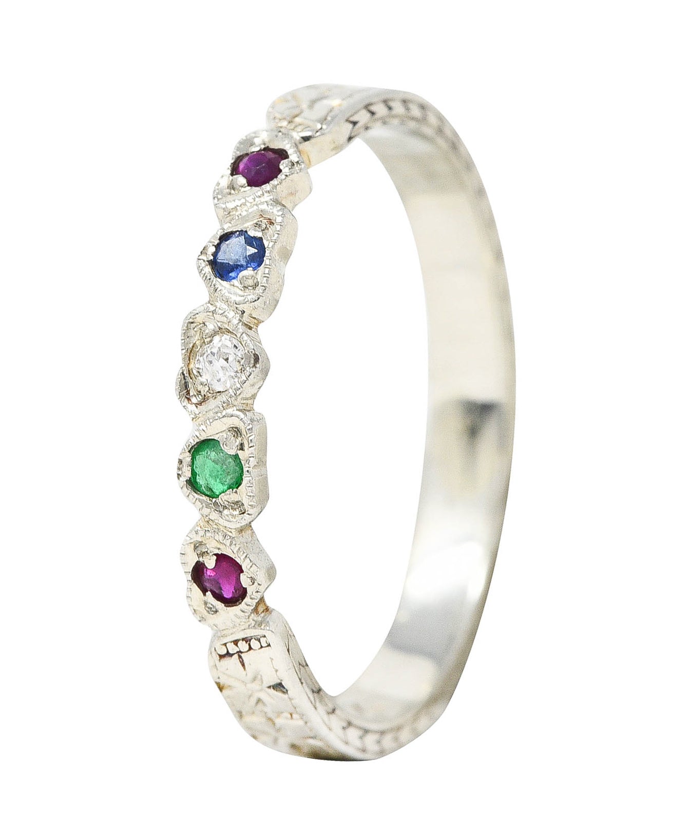 1920's Art Deco Multi-Gem 18 Karat White Gold Heart Band RingRing - Wilson's Estate Jewelry