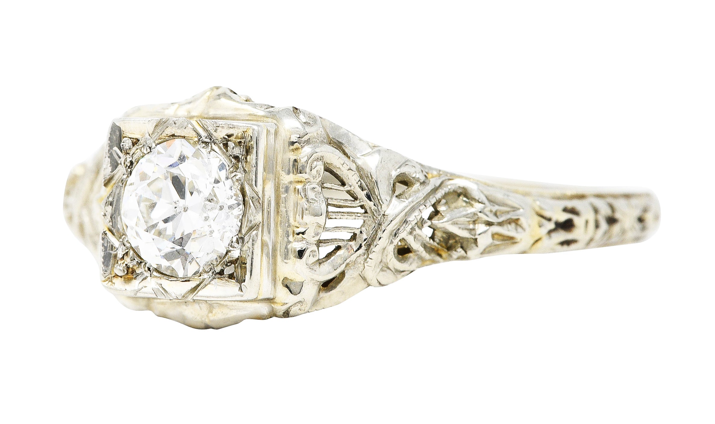 Early Art Deco 0.48 CTW Diamond 18 Karat White Gold Flourished Engagement RingRing - Wilson's Estate Jewelry