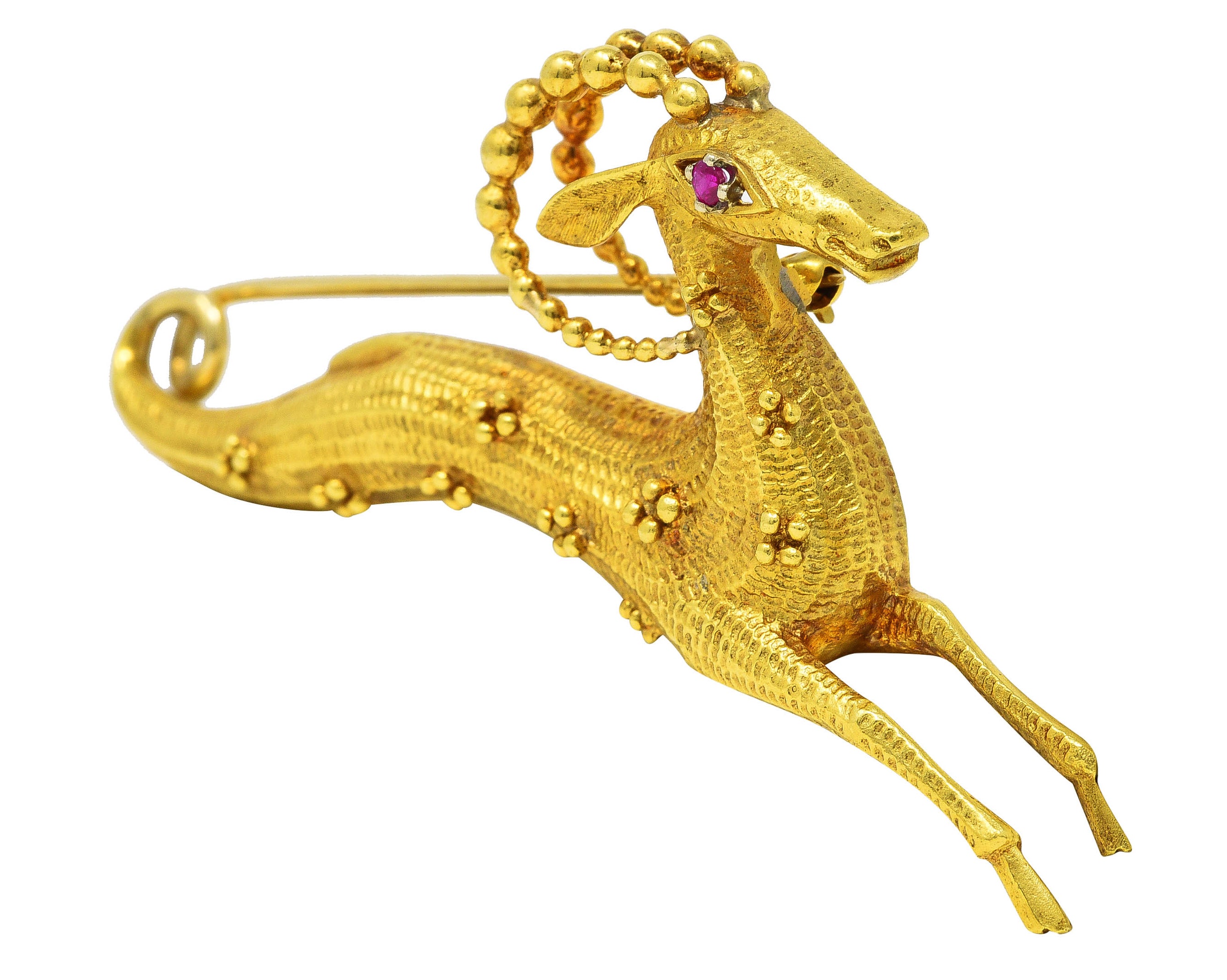 Cartier Ruby 18 Karat Yellow Gold Whimsical Gazelle Vintage Brooch Wilson's Estate Jewelry