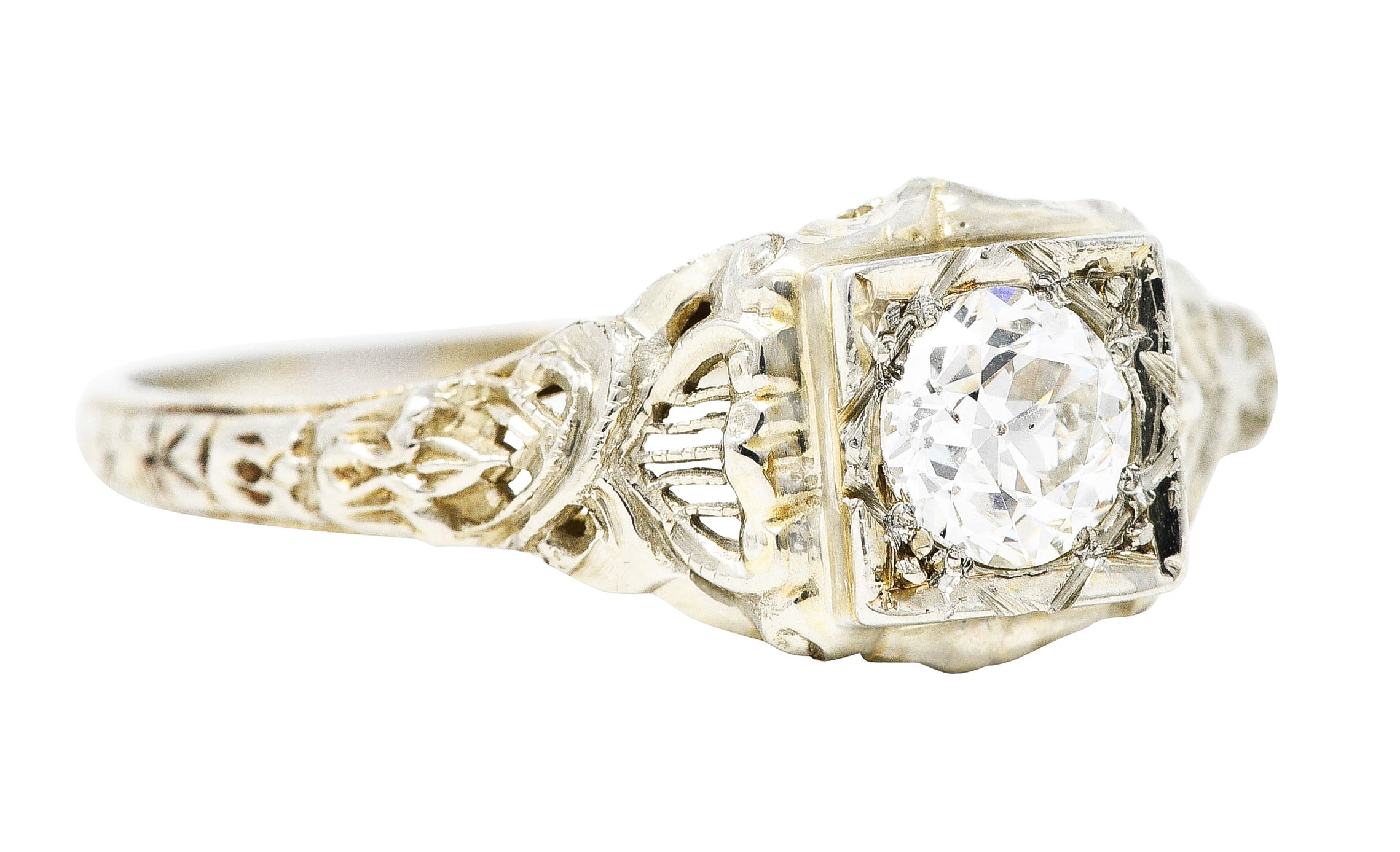 Early Art Deco 0.48 CTW Diamond 18 Karat White Gold Flourished Engagement RingRing - Wilson's Estate Jewelry