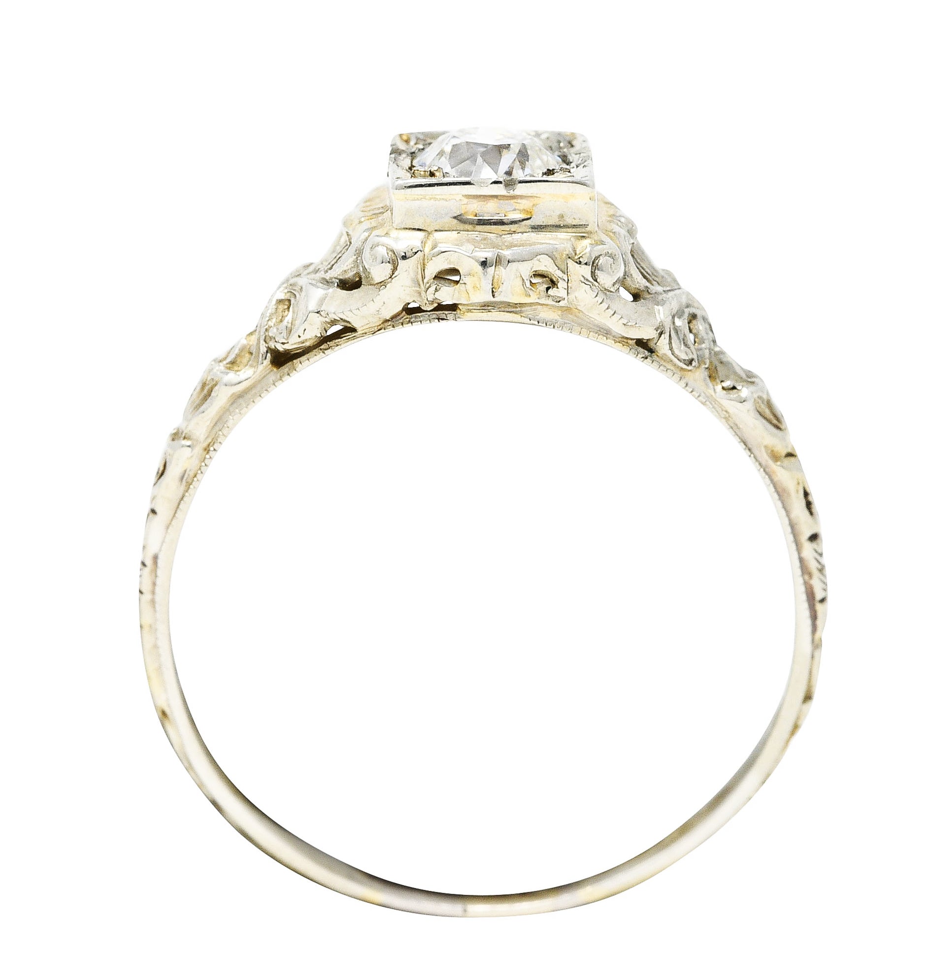 Early Art Deco 0.48 CTW Diamond 18 Karat White Gold Flourished Engagement RingRing - Wilson's Estate Jewelry