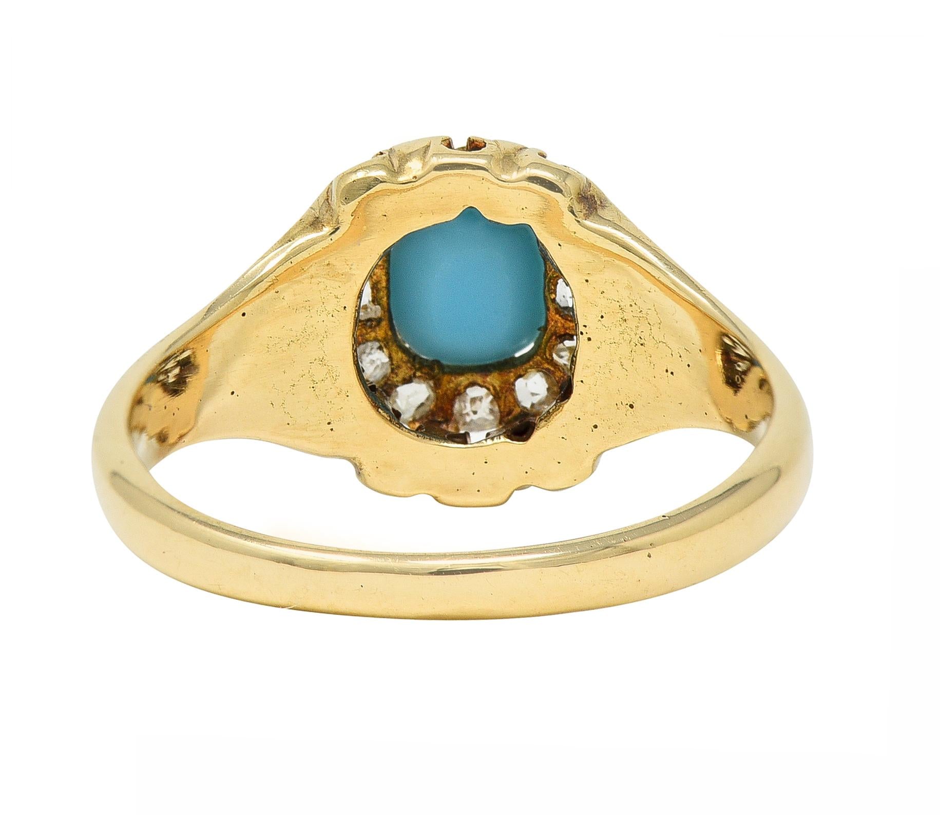 Victorian Old Mine Cut Diamond Turquoise 14 Karat Gold Oak Antique Halo Ring