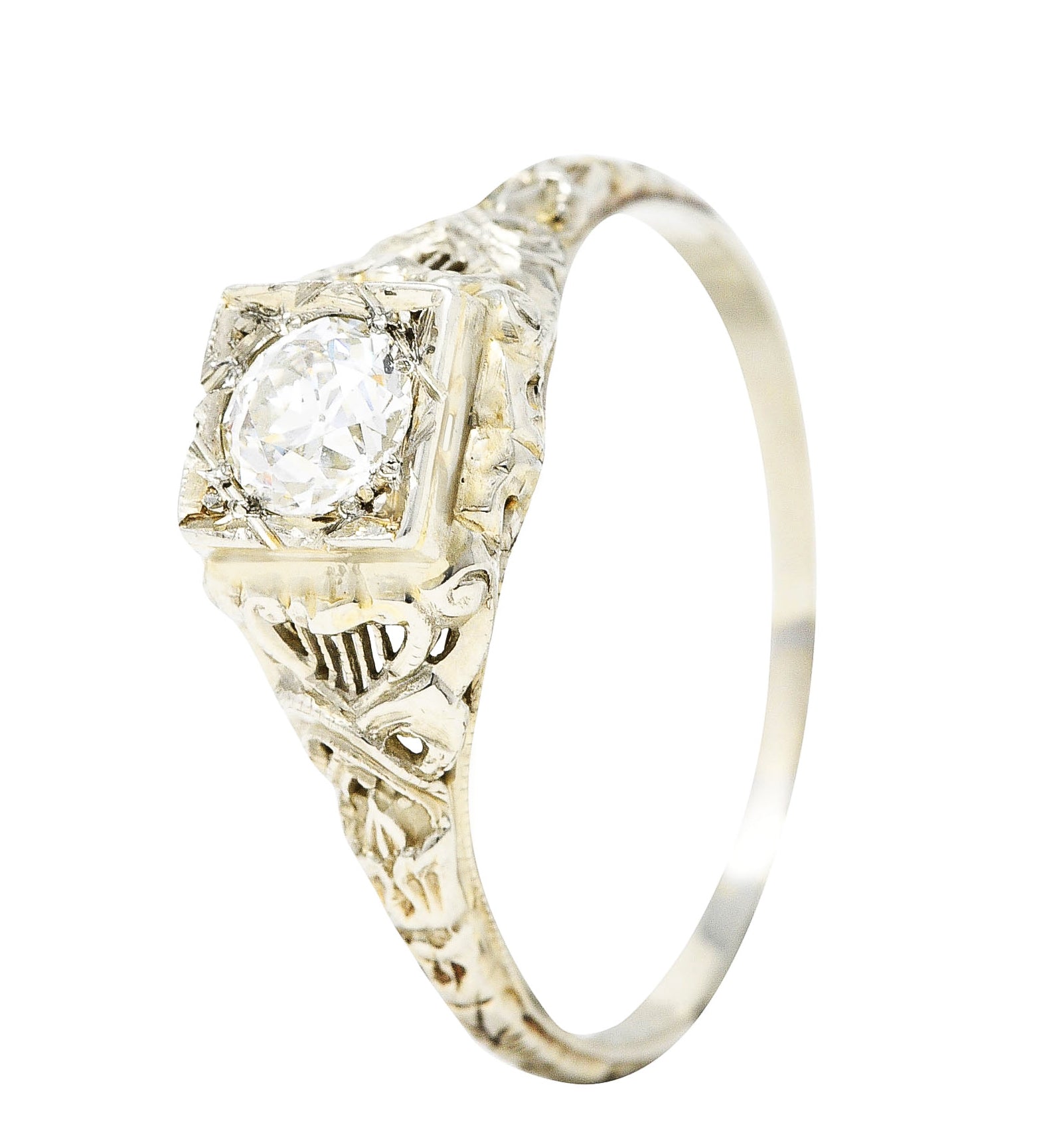 Early Art Deco 0.48 CTW Diamond 18 Karat White Gold Flourished Engagement RingRing - Wilson's Estate Jewelry