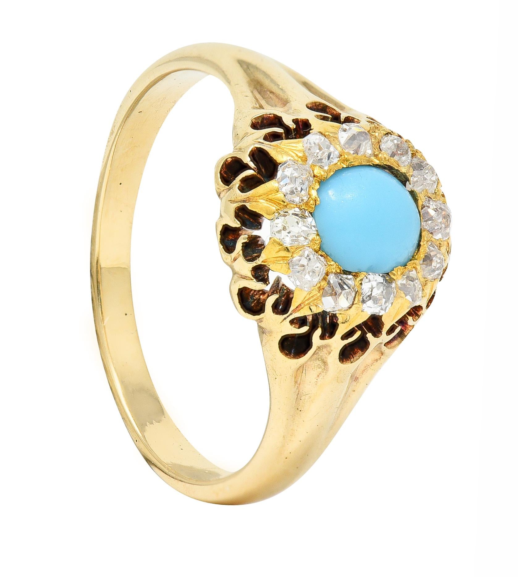 Victorian Old Mine Cut Diamond Turquoise 14 Karat Gold Oak Antique Halo Ring