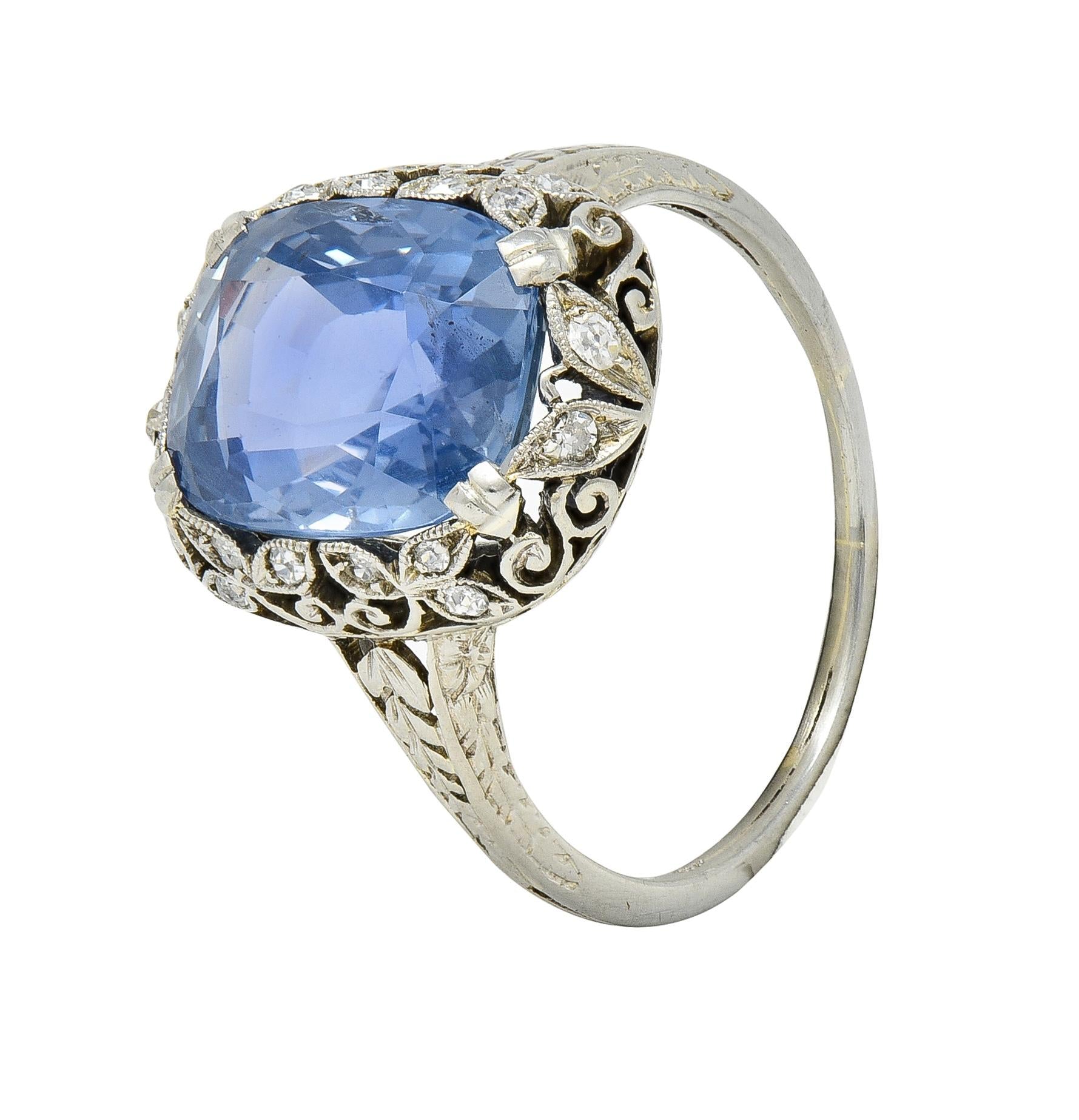 Edwardian 5.15 CTW No Heat Ceylon Sapphire Diamond Platinum Antique Ring GIA