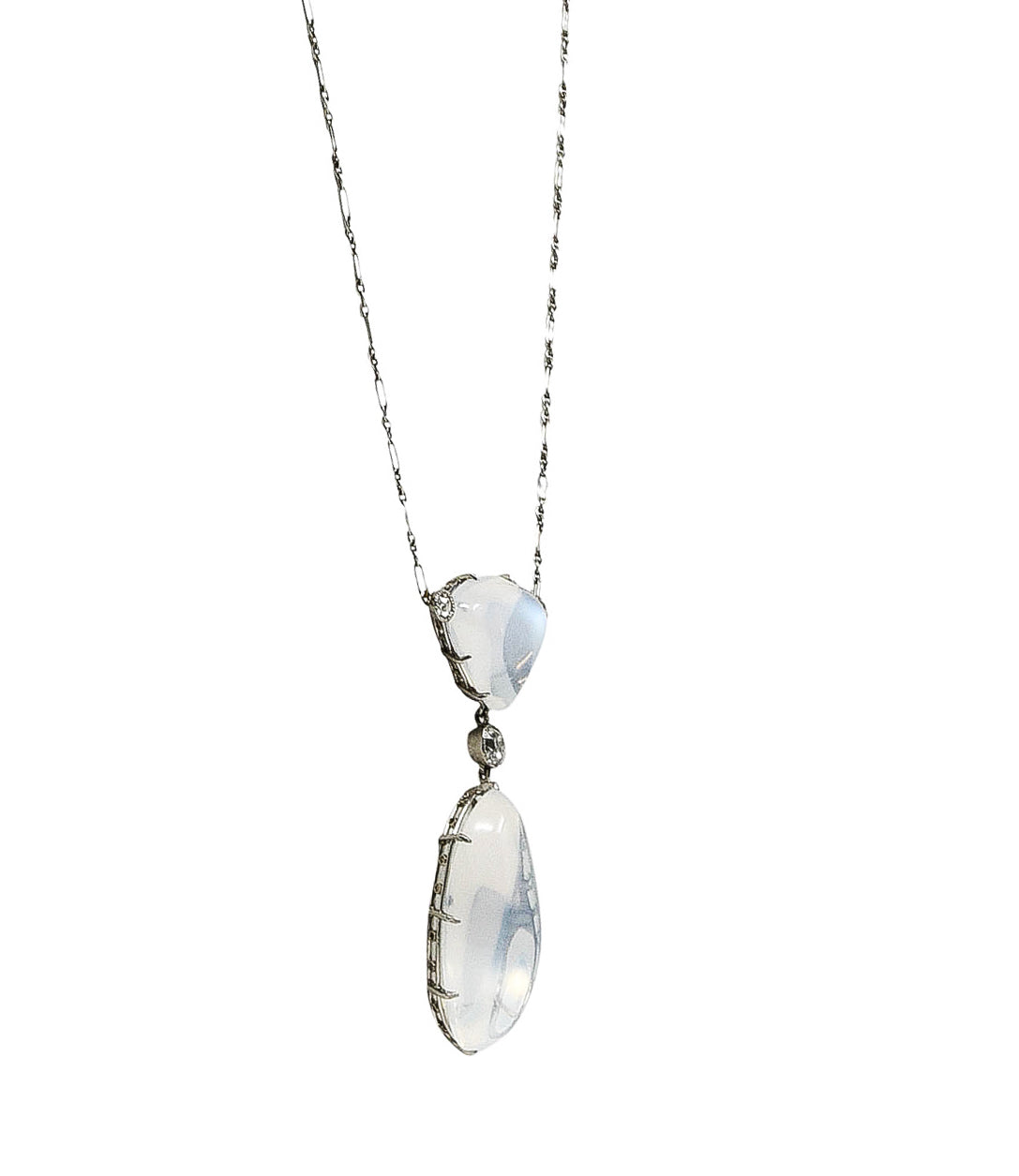 Art Deco Old Mine Diamond Moonstone Platinum Drop Antique Station Necklace Wilson's Estate Jewelry