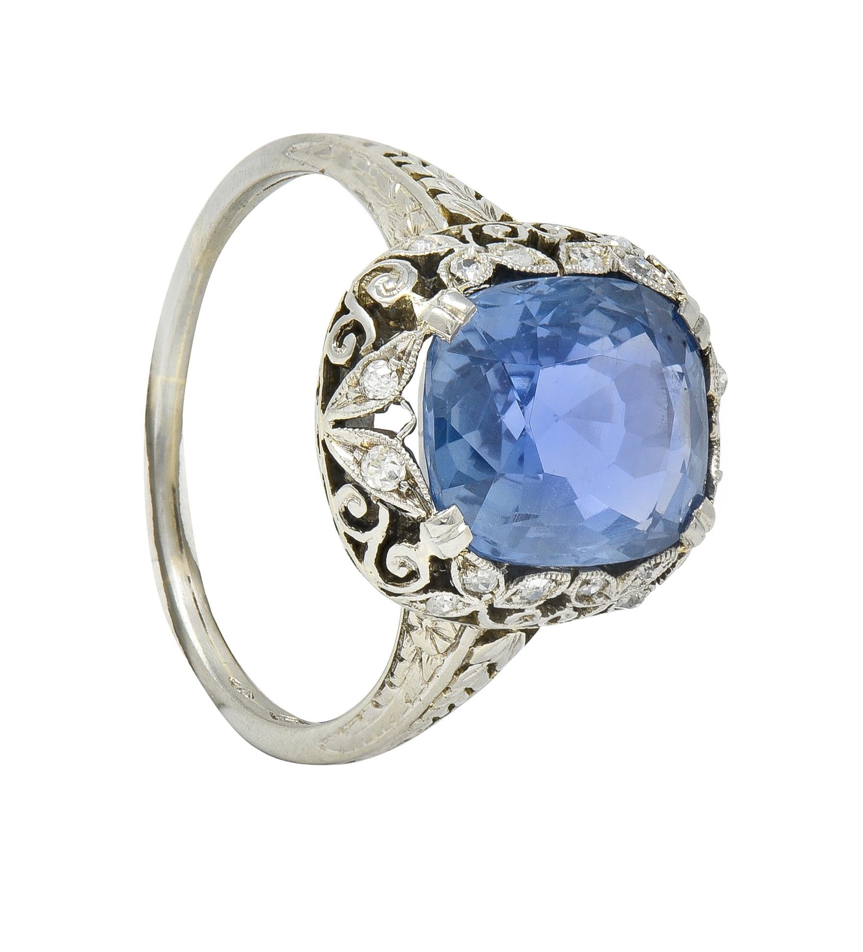 Edwardian 5.15 CTW No Heat Ceylon Sapphire Diamond Platinum Antique Ring GIA