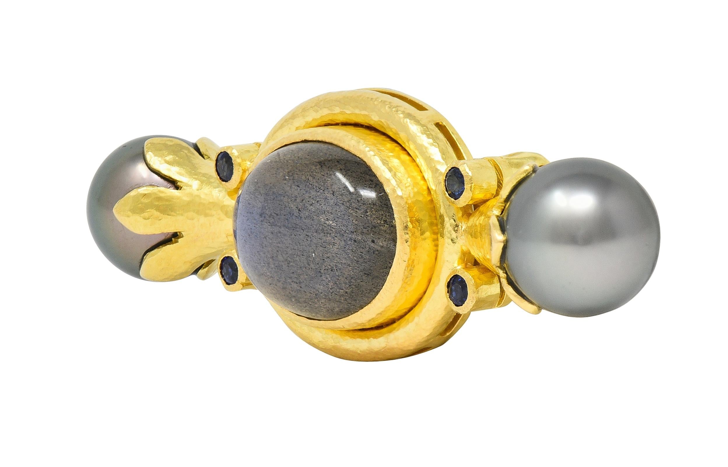 Elizabeth Locke Labradorite Pearl Sapphire 18 Karat Yellow Gold Bar Brooch