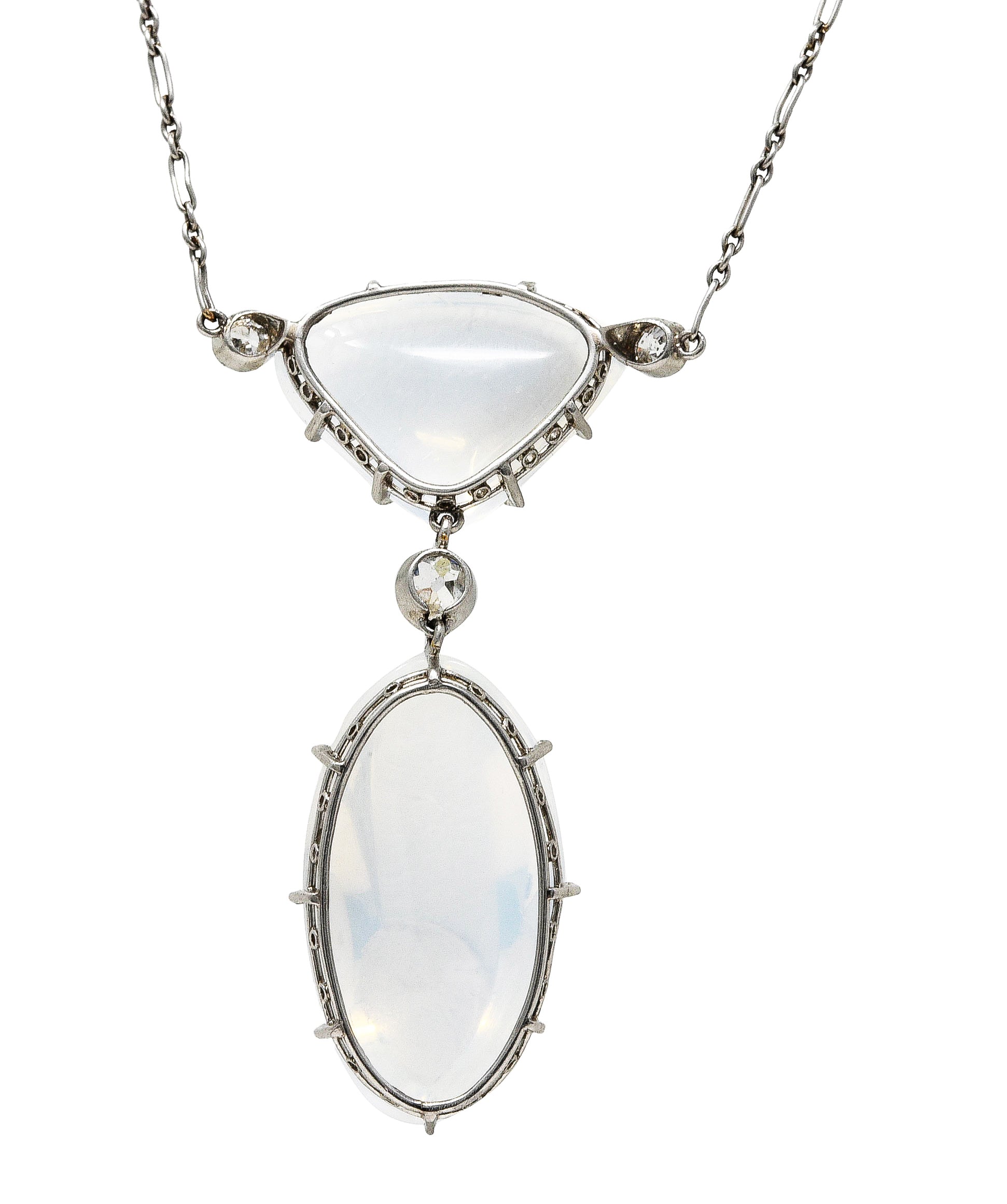 Art Deco Old Mine Diamond Moonstone Platinum Drop Antique Station Necklace Wilson's Estate Jewelry