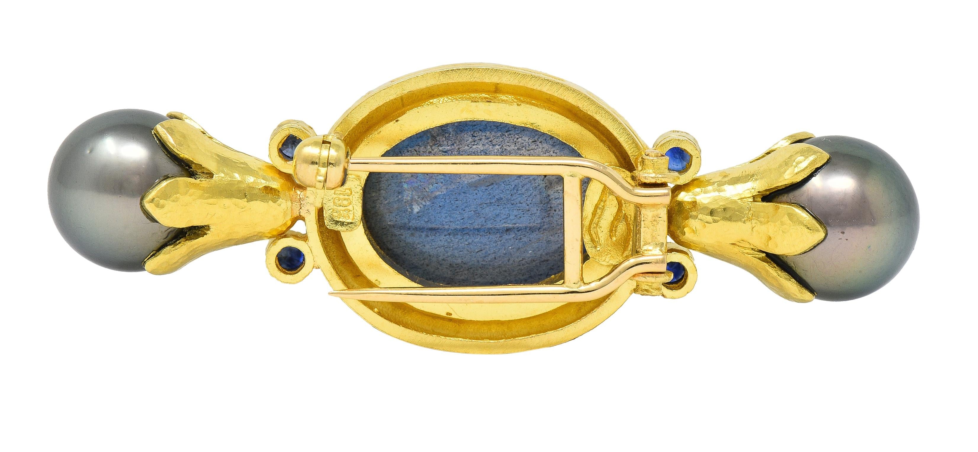 Elizabeth Locke Labradorite Pearl Sapphire 18 Karat Yellow Gold Bar Brooch