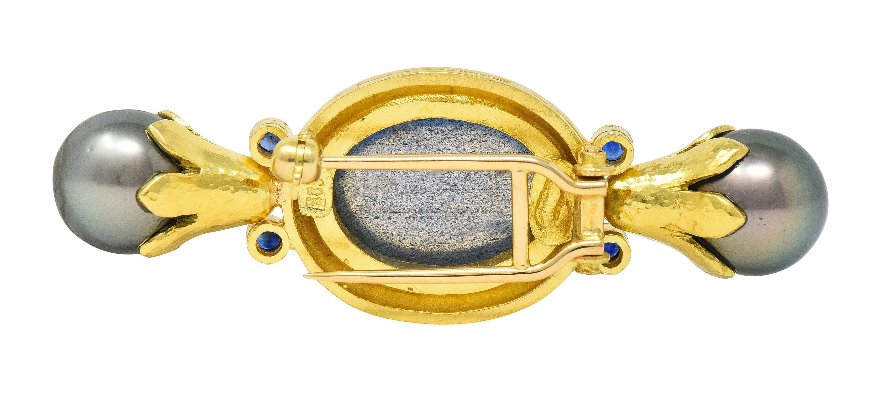 Elizabeth Locke Labradorite Pearl Sapphire 18 Karat Yellow Gold Bar Brooch