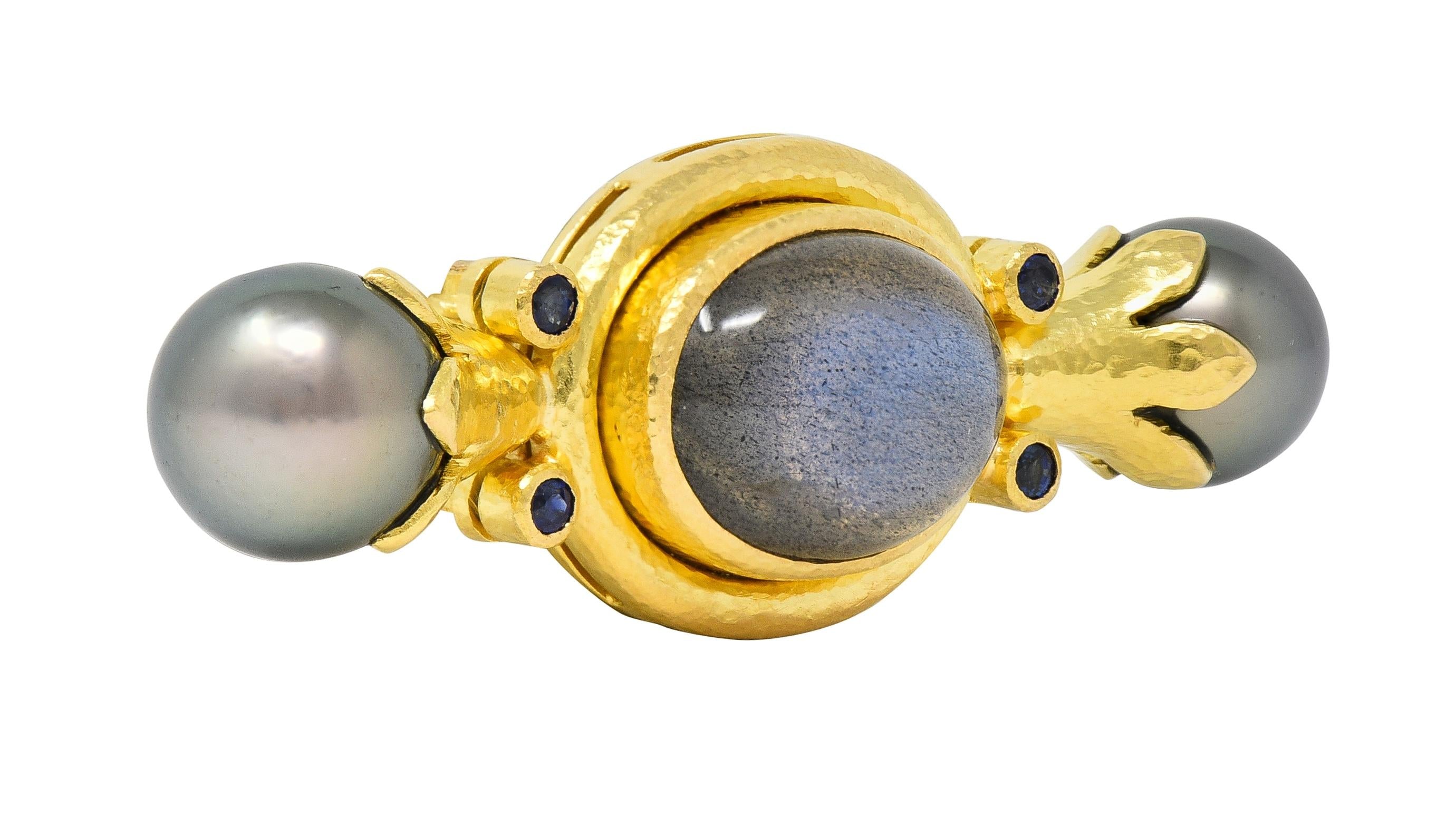 Elizabeth Locke Labradorite Pearl Sapphire 18 Karat Yellow Gold Bar Brooch