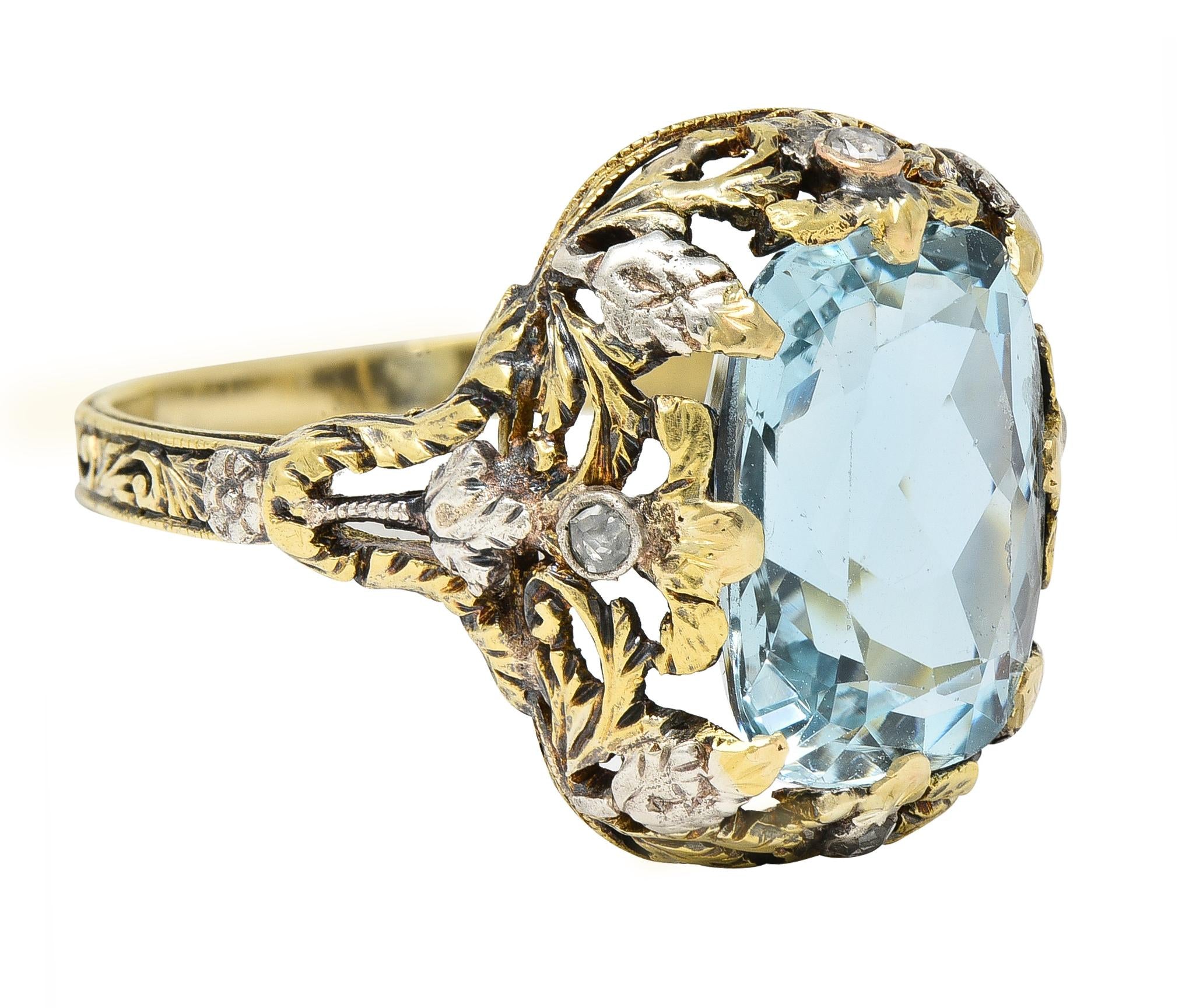 Victorian 6.52 CTW Aquamarine Diamond 14 Karat Gold Silver Floral Antique Ring