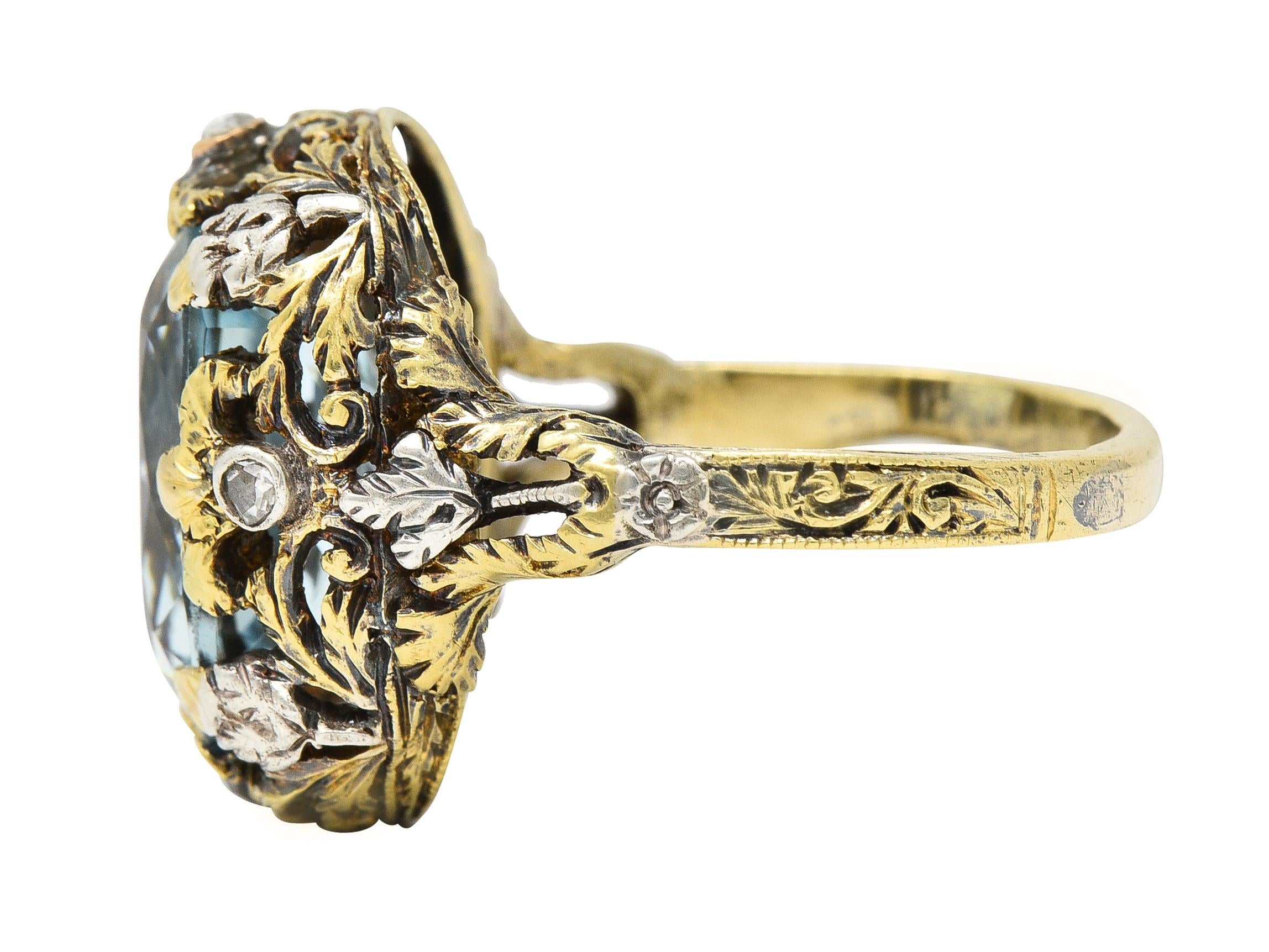 Victorian 6.52 CTW Aquamarine Diamond 14 Karat Gold Silver Floral Antique Ring