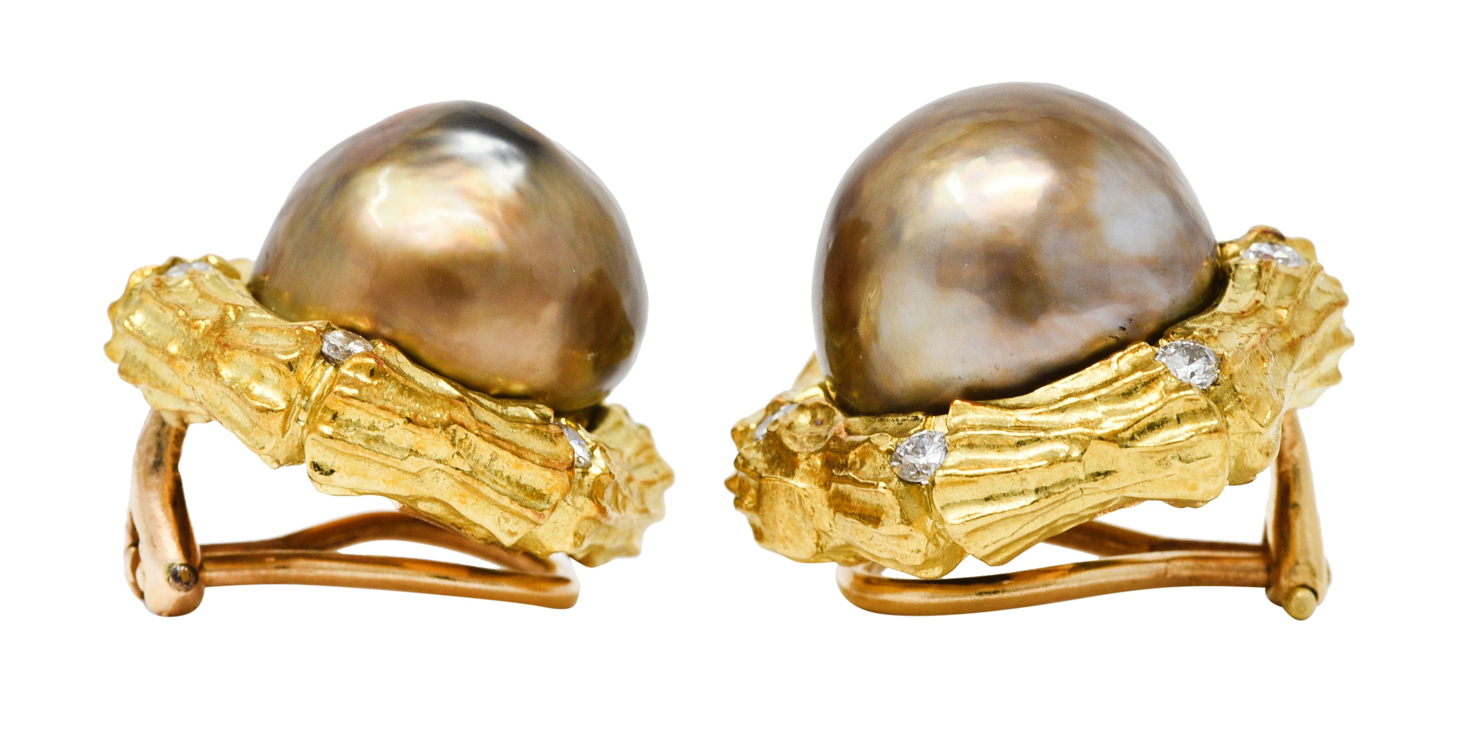 1960's Tahitian Pearl Diamond 14 Karat Yellow Gold Bamboo Vintage Ear-Clip Earrings Wilson's Estate Jewelry