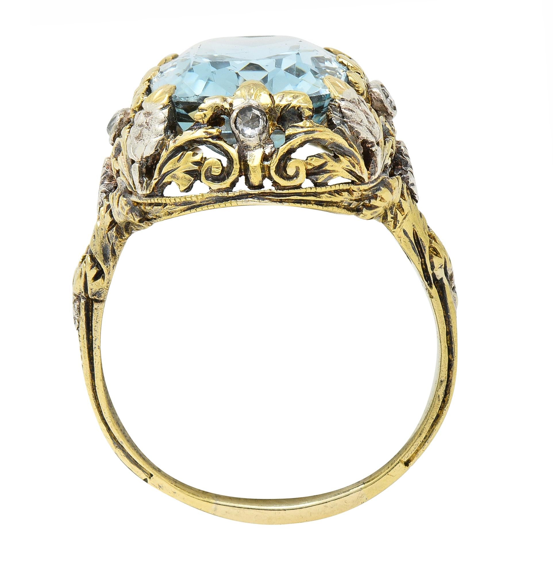 Victorian 6.52 CTW Aquamarine Diamond 14 Karat Gold Silver Floral Antique Ring