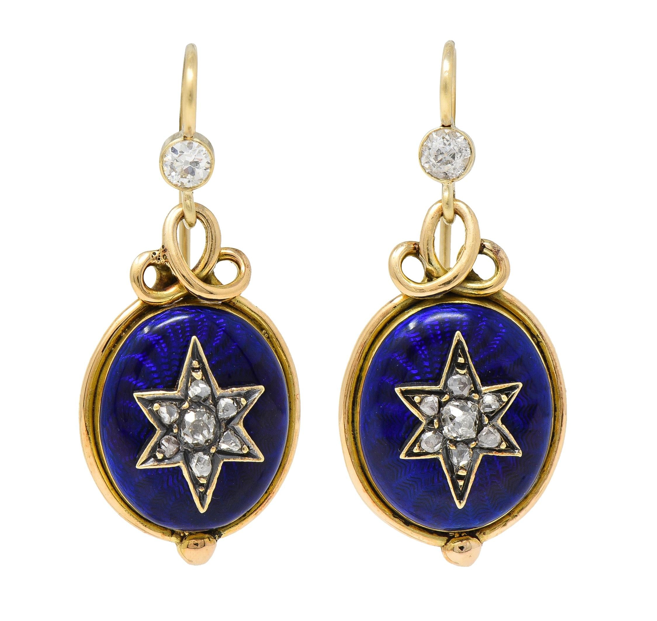 Victorian Diamond Guilloche Enamel 14 Karat Gold Antique Star Drop Earrings