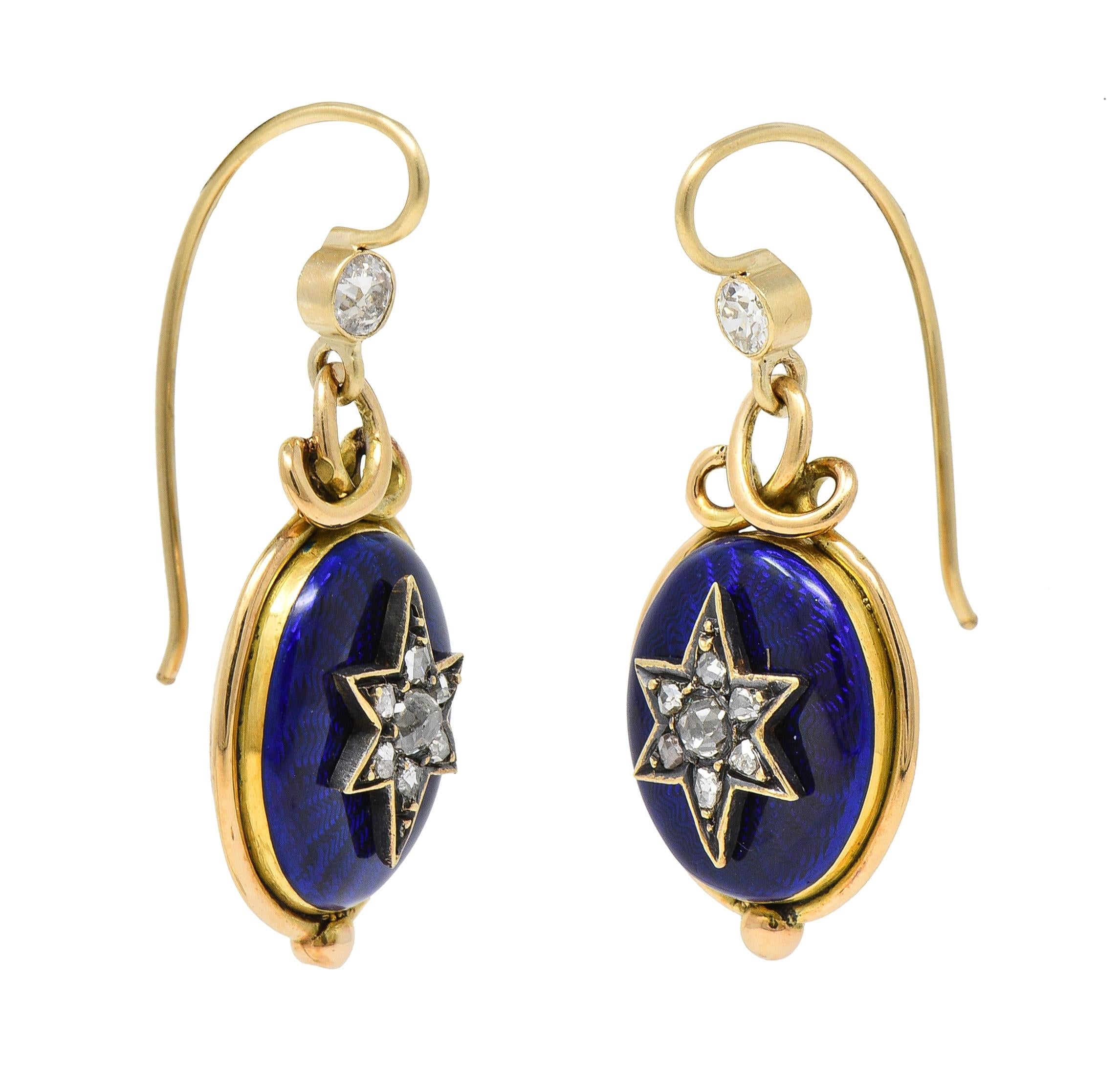 Victorian Diamond Guilloche Enamel 14 Karat Gold Antique Star Drop Earrings