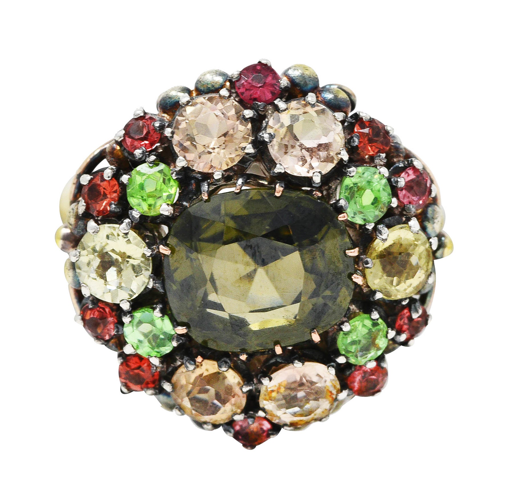 Arts & Crafts Antique Zircon Beryl Garnet Multi-Gem 18 Karat Yellow Gold Silver Cluster Ring Wilson's Estate Jewelry