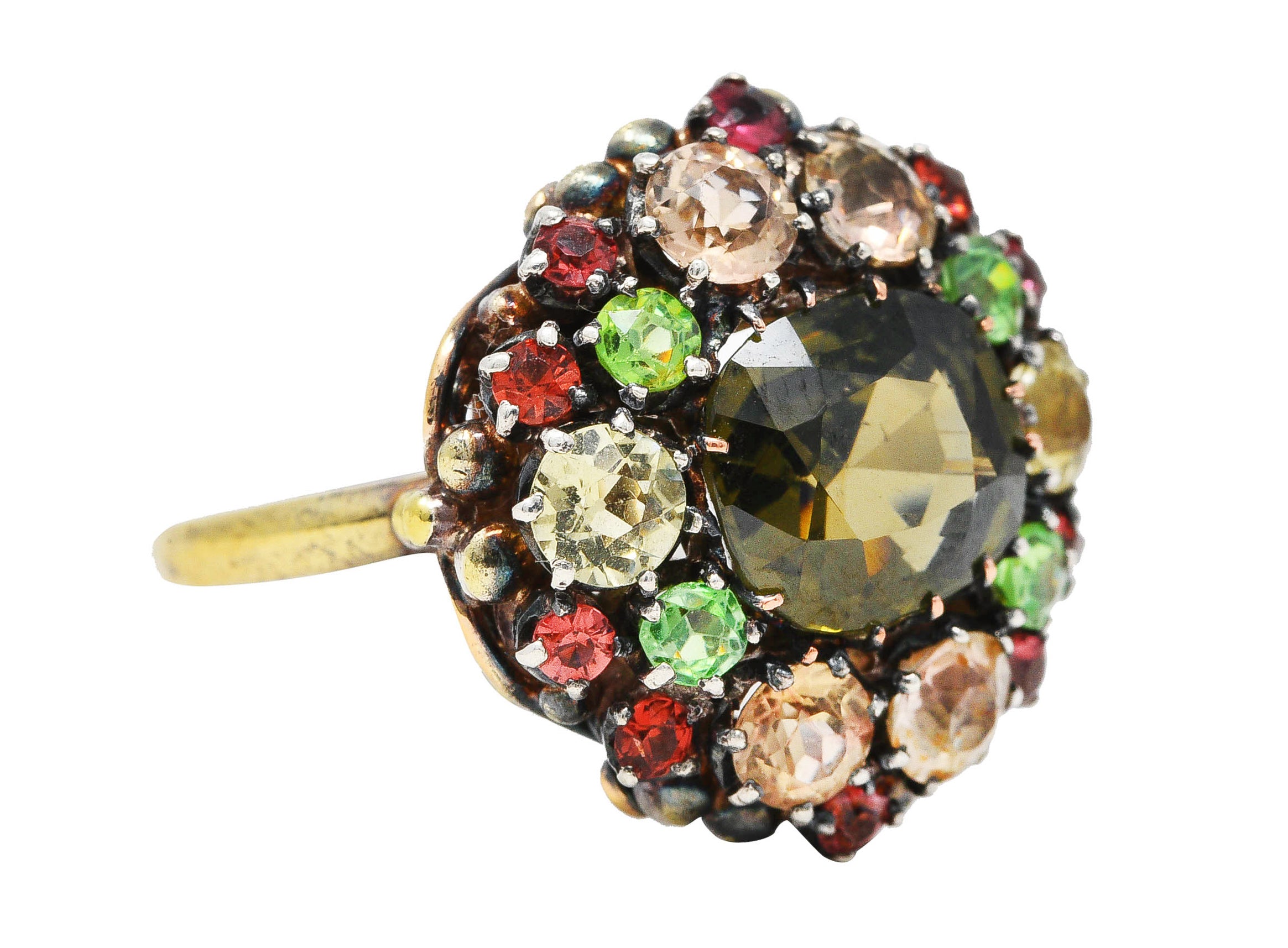 Arts & Crafts Antique Zircon Beryl Garnet Multi-Gem 18 Karat Yellow Gold Silver Cluster Ring Wilson's Estate Jewelry