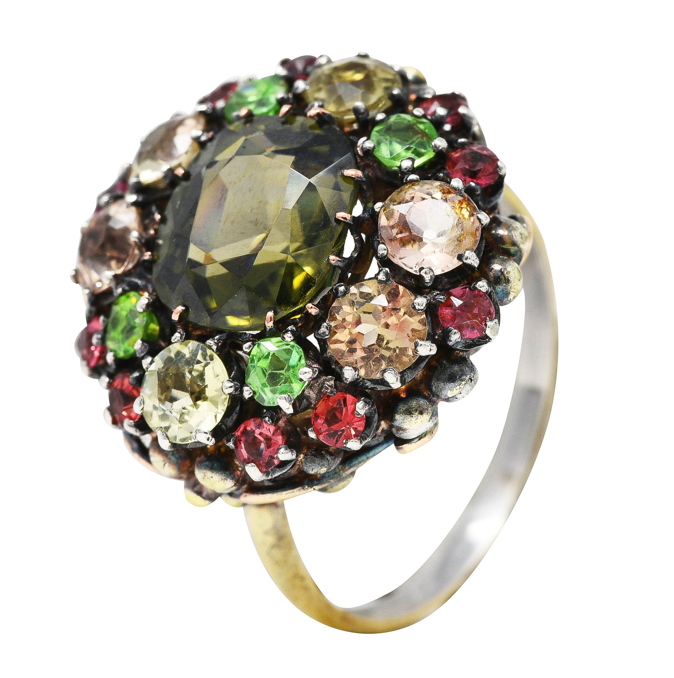 Arts & Crafts Antique Zircon Beryl Garnet Multi-Gem 18 Karat Yellow Gold Silver Cluster Ring Wilson's Estate Jewelry