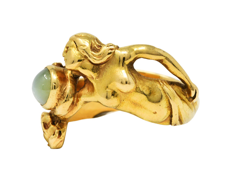 Art Nouveau Cat's Eye Chrysoberyl 18 Karat Gold Unisex Figural Band RingRing - Wilson's Estate Jewelry