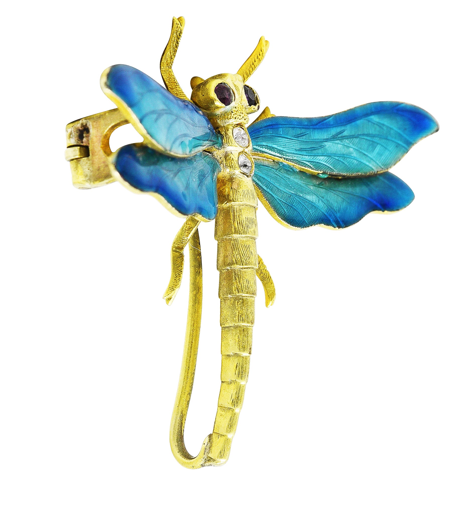 Riker Brothers Art Nouveau Ruby Diamond Guilloche Enamel 14 Karat Gold Dragonfly Pendant Brooch Wilson's Estate Jewelry