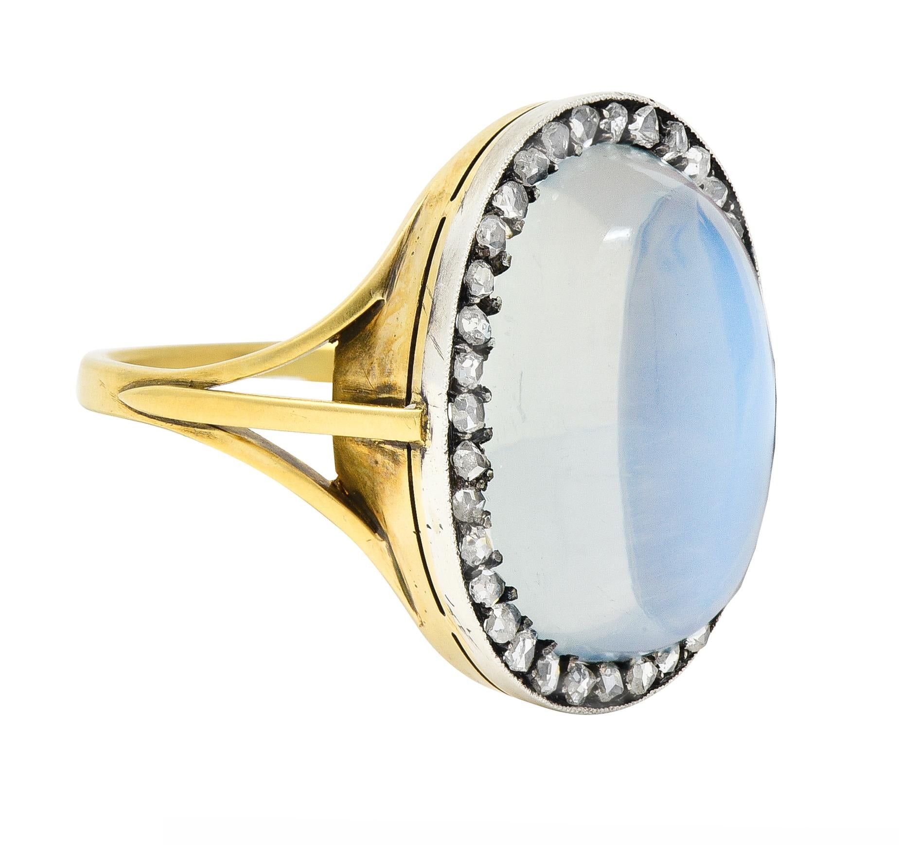 Moonstone Diamond Silver-Topped 18 Karat Yellow Gold Antique Ring