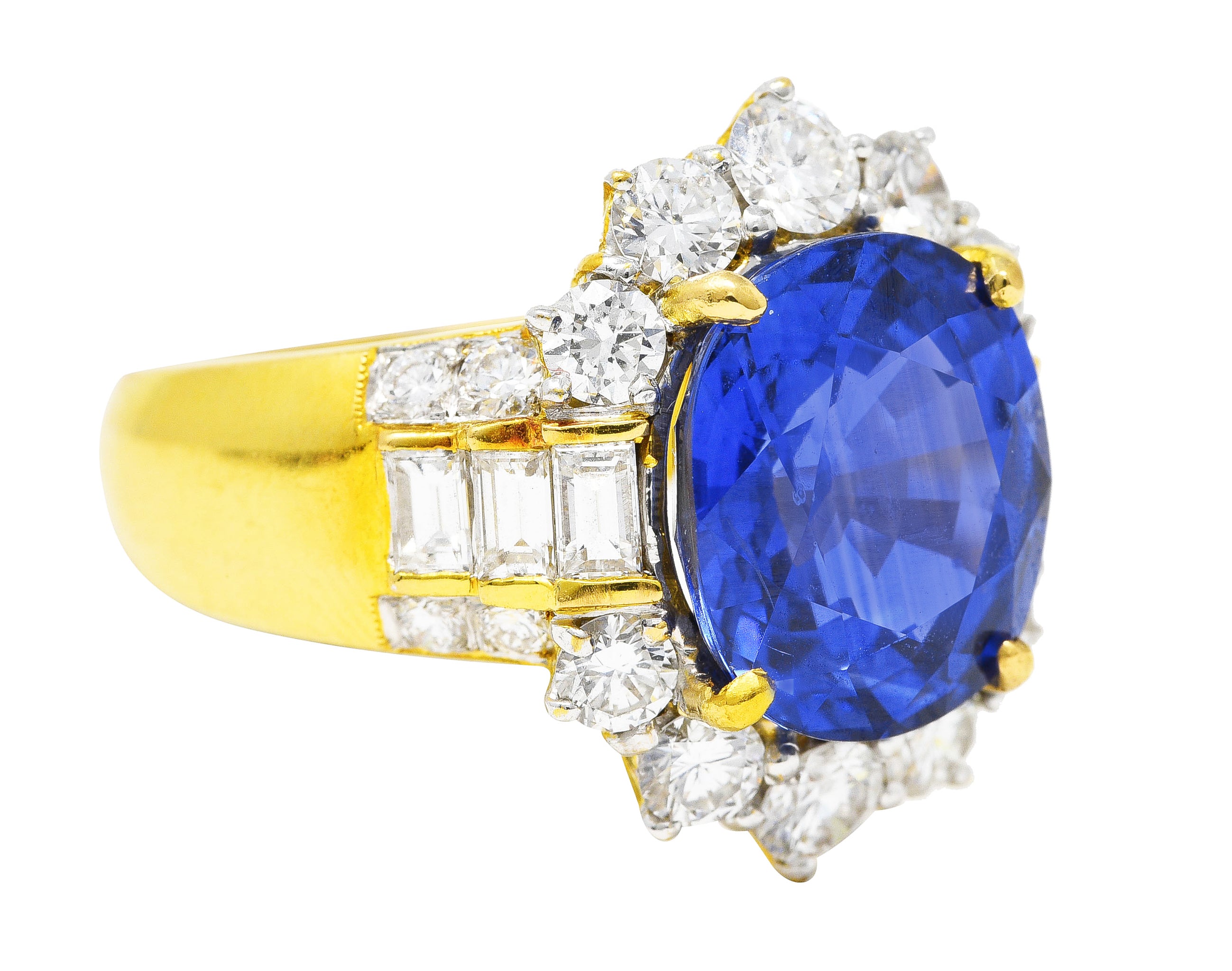 Vintage 7.96 CTW Sapphire Diamond 18 Karat Yellow Gold Cluster Band Ring GIA Wilson's Estate Jewelry