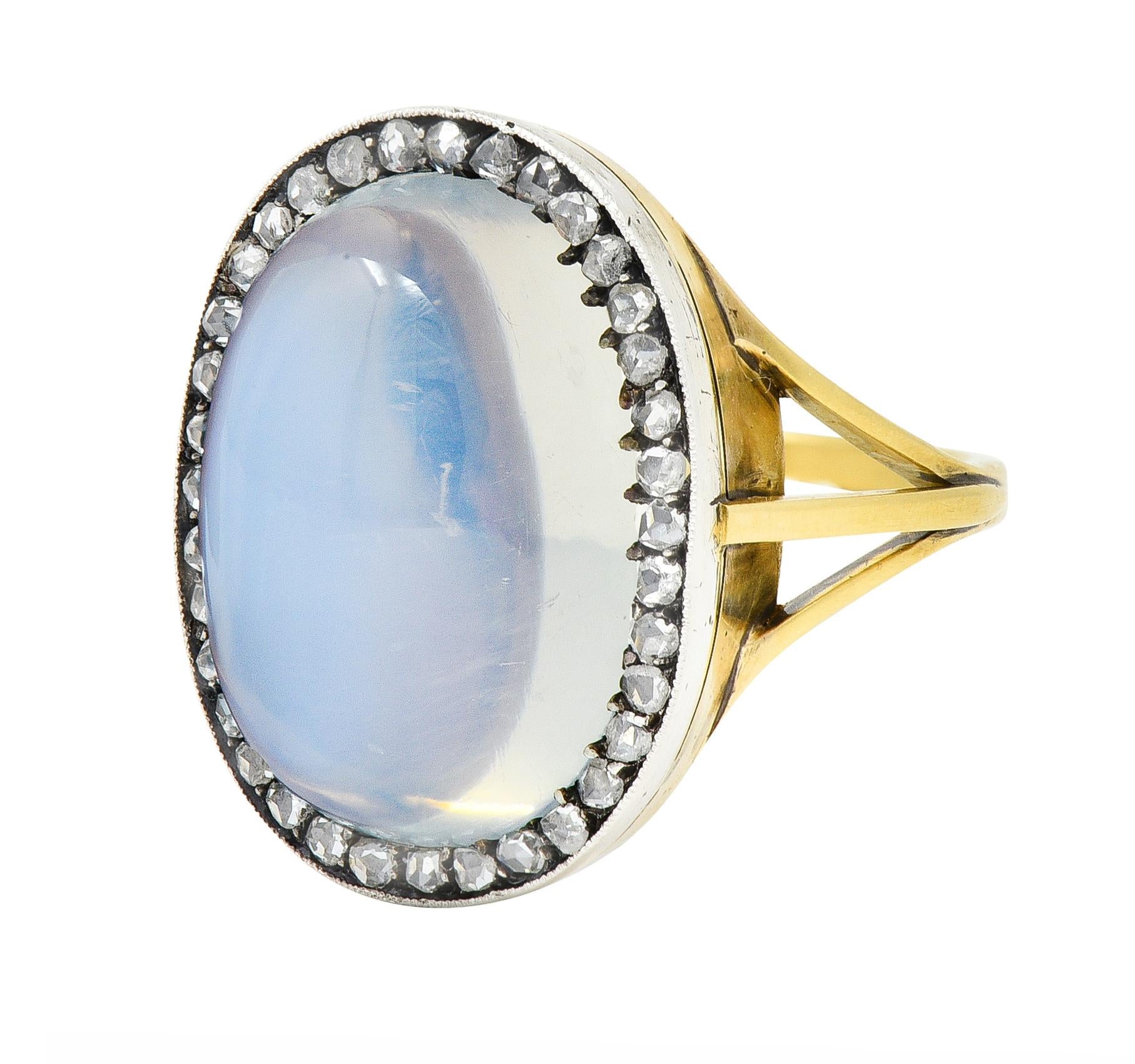 Moonstone Diamond Silver-Topped 18 Karat Yellow Gold Antique Ring