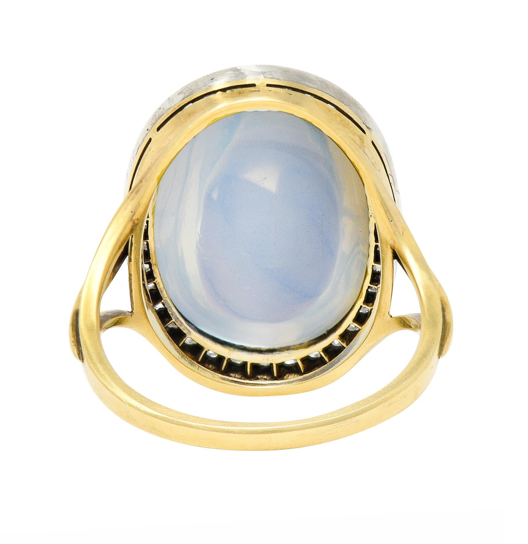 Moonstone Diamond Silver-Topped 18 Karat Yellow Gold Antique Ring