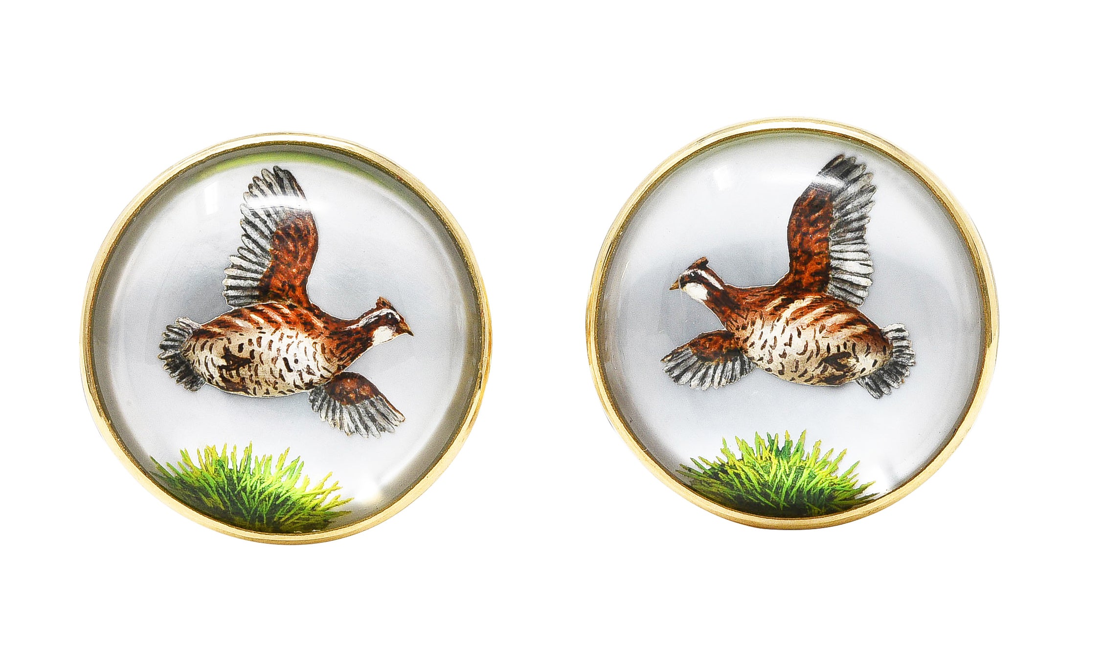 Late Victorian Painted Essex Crystal Mother-Of-Pearl 14 Karat Yellow Gold Quail Antique Cufflinks Wilson's Estate Jewelry