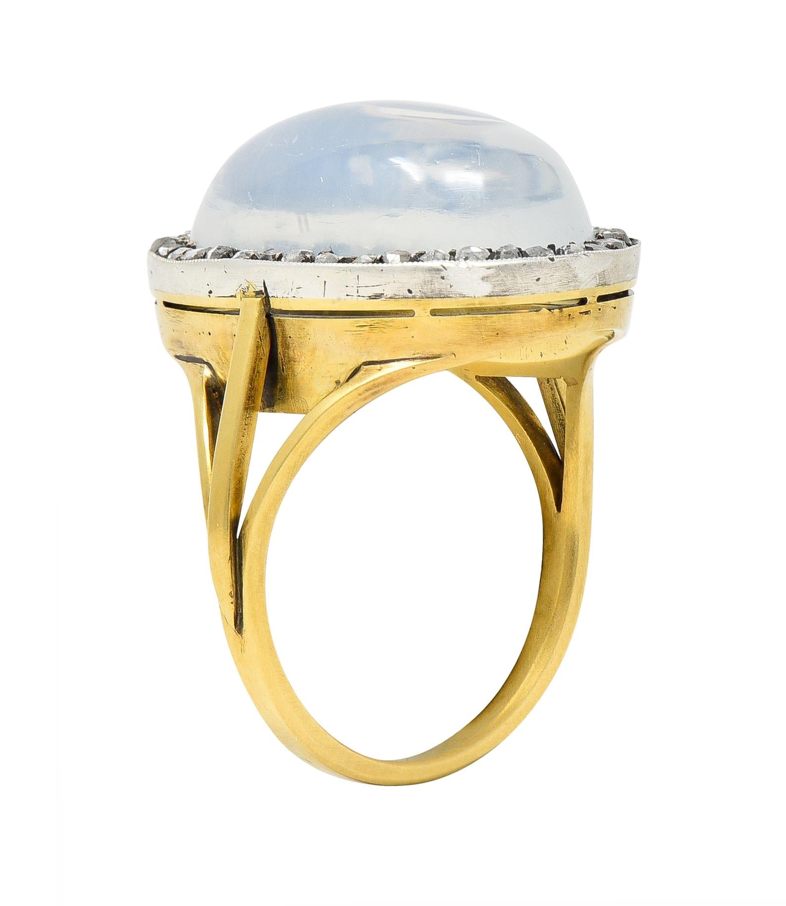 Moonstone Diamond Silver-Topped 18 Karat Yellow Gold Antique Ring