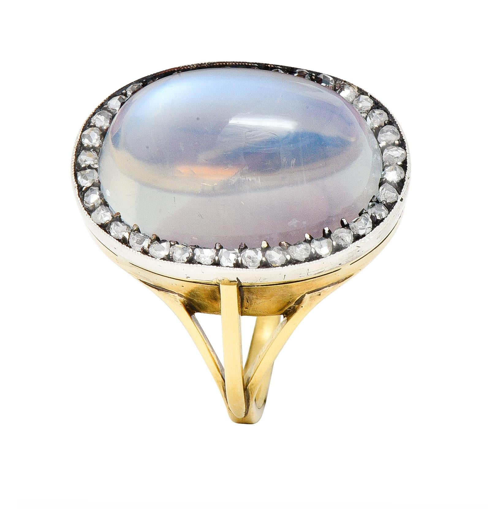 Moonstone Diamond Silver-Topped 18 Karat Yellow Gold Antique Ring