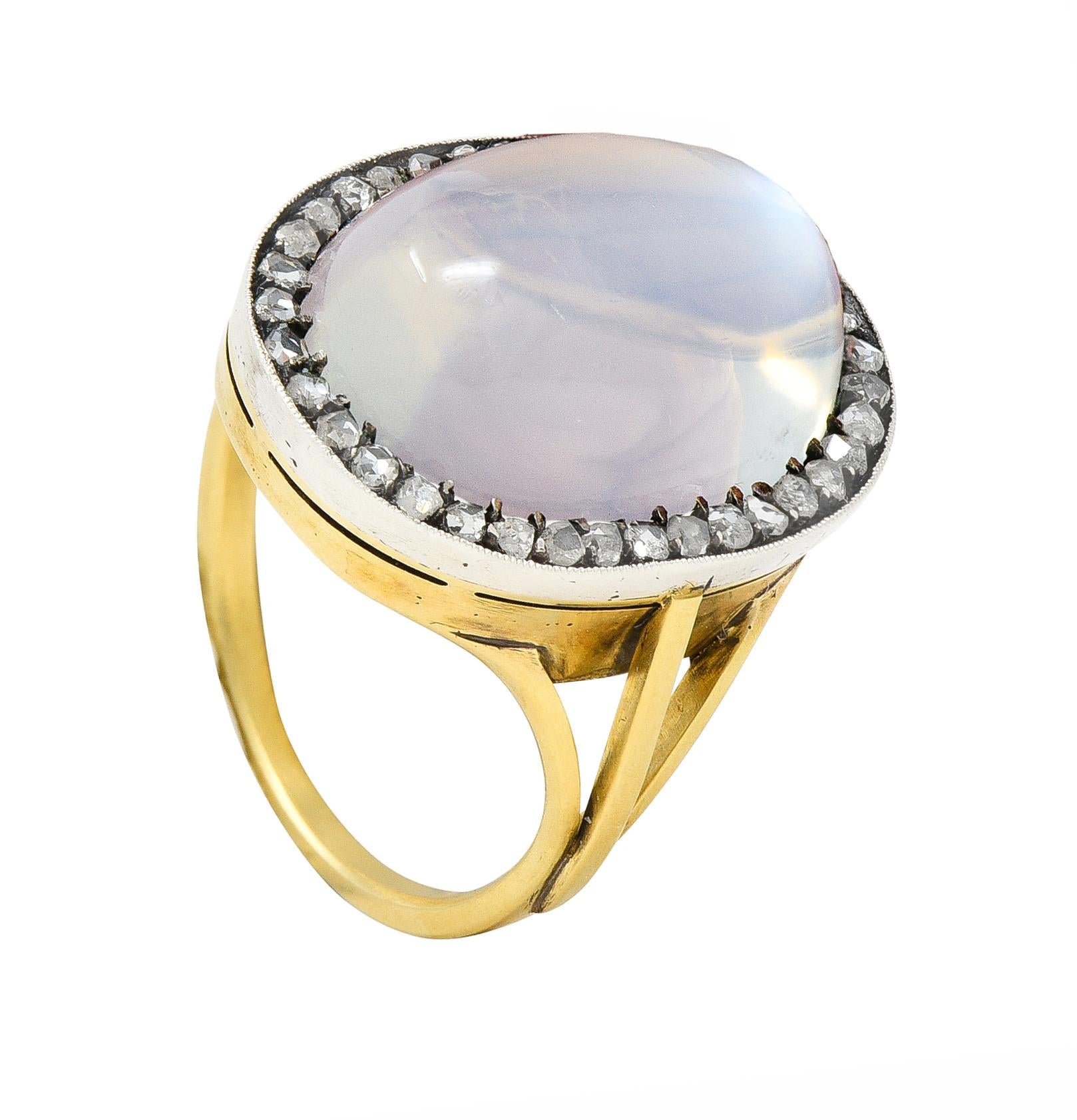 Moonstone Diamond Silver-Topped 18 Karat Yellow Gold Antique Ring