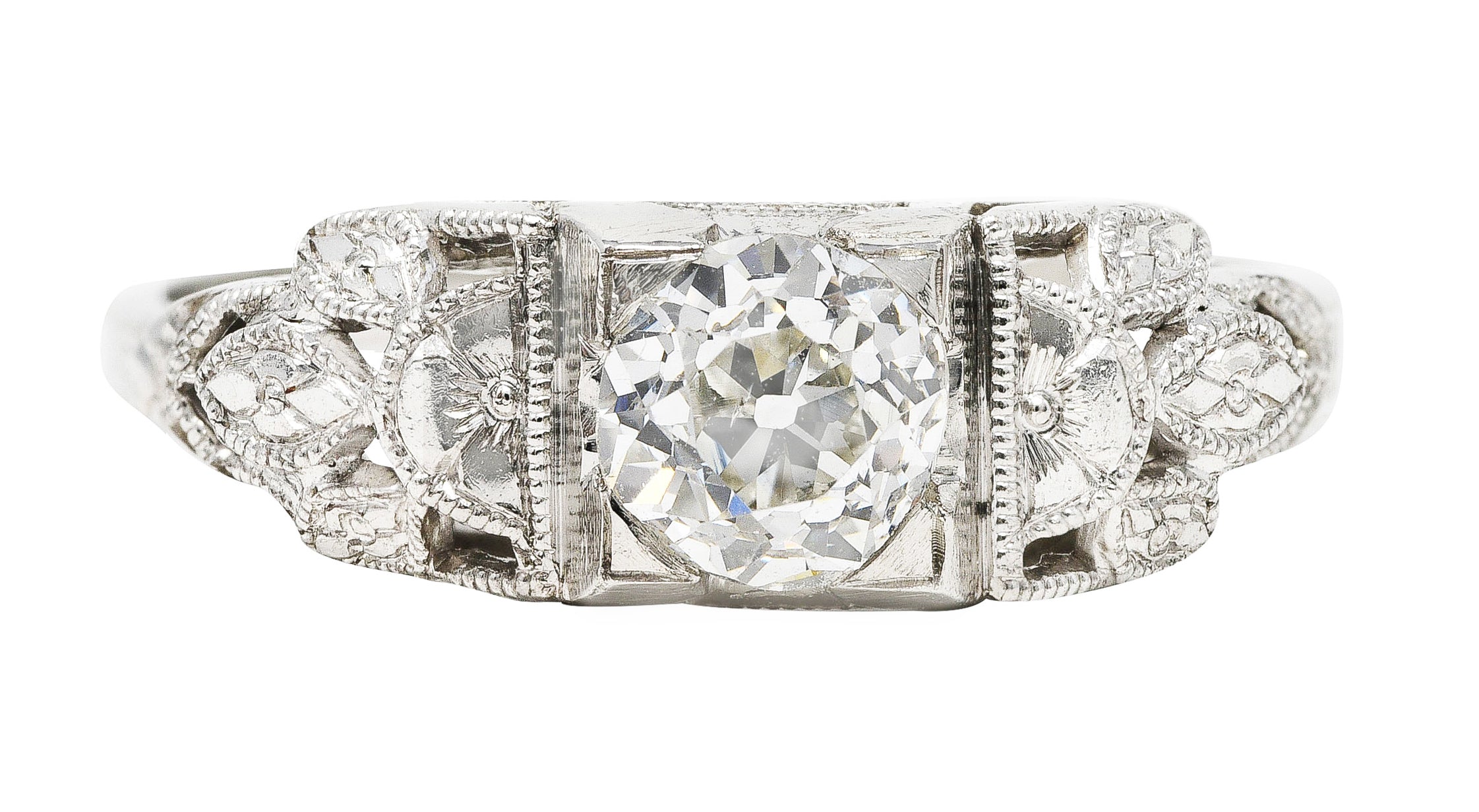 1930's Art Deco 0.95 CTW Old European Diamond Platinum Foliate Engagement Ring Wilson's Estate Jewelry