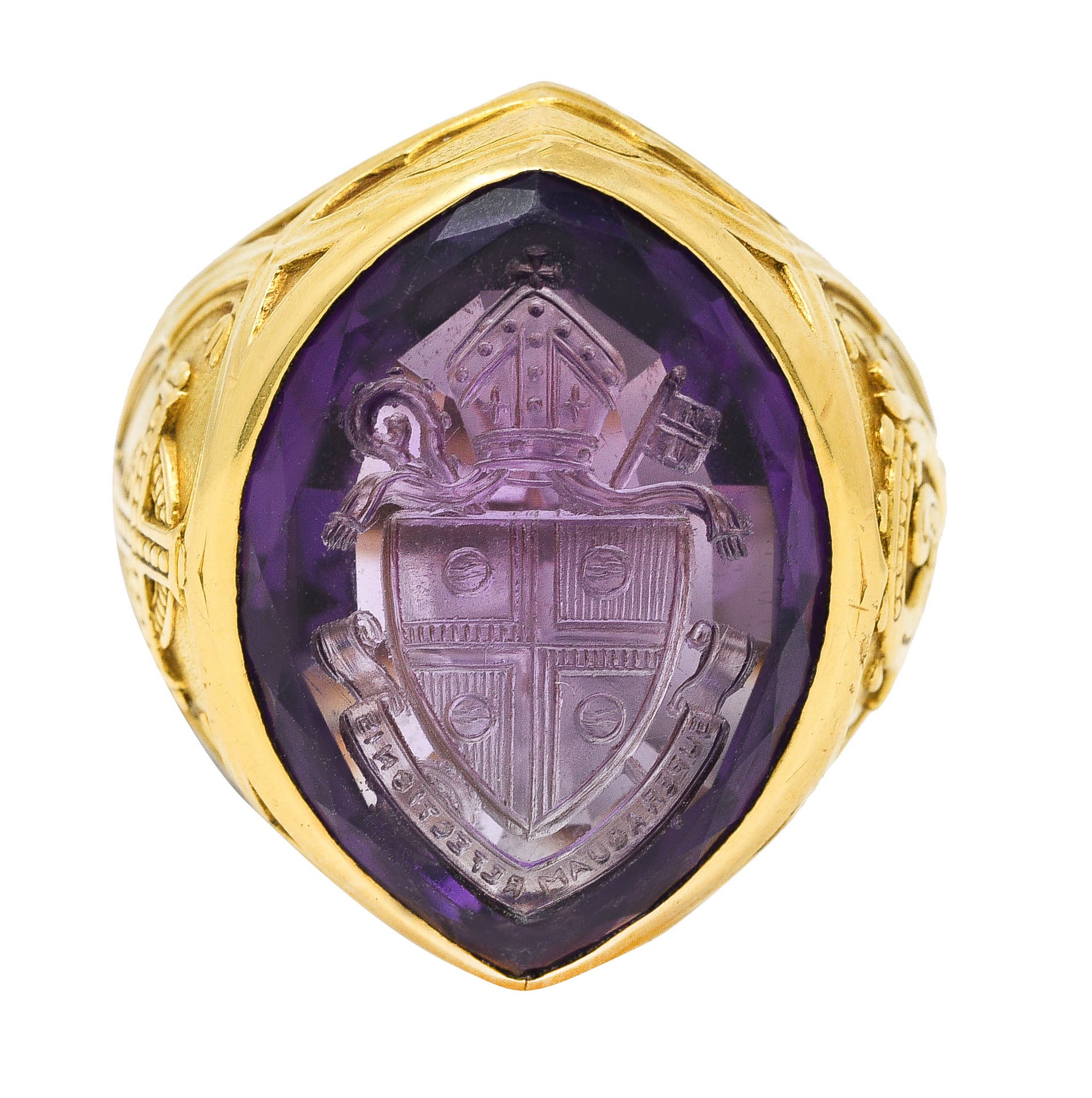 1915 Amethyst 18 Karat Yellow Gold Intaglio Ecclesiastical Bishop's Antique Navette Unisex Ring Wilson's Estate Jewelry