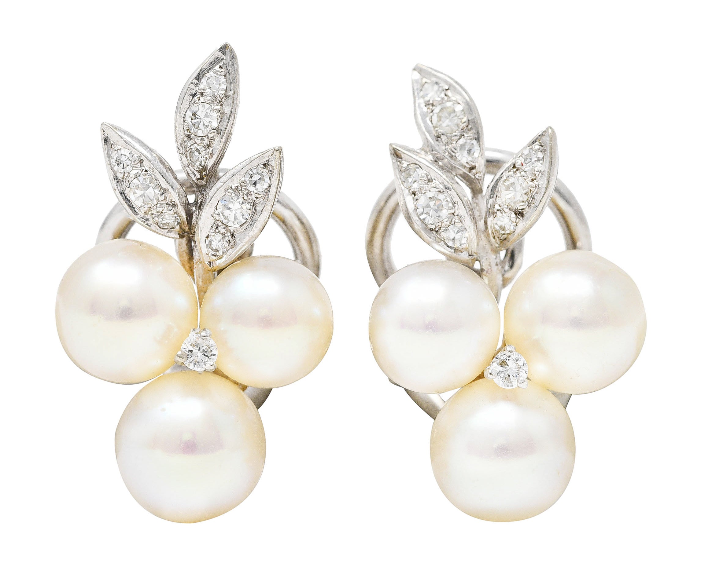 Mid-Century 1950's Diamond Pearl 18 Karat White Gold Foliate Vintage Ear-Clip Earrings Wilson's Estate Jewelry