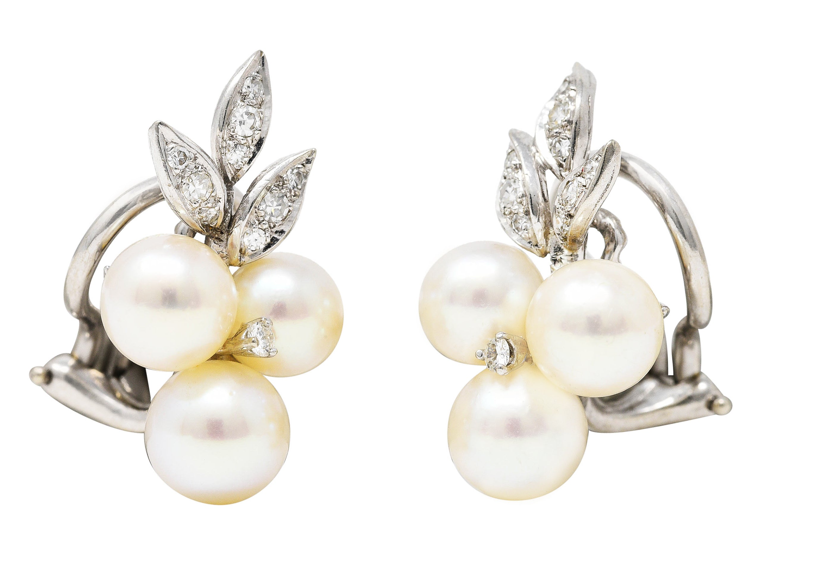 Mid-Century 1950's Diamond Pearl 18 Karat White Gold Foliate Vintage Ear-Clip Earrings Wilson's Estate Jewelry