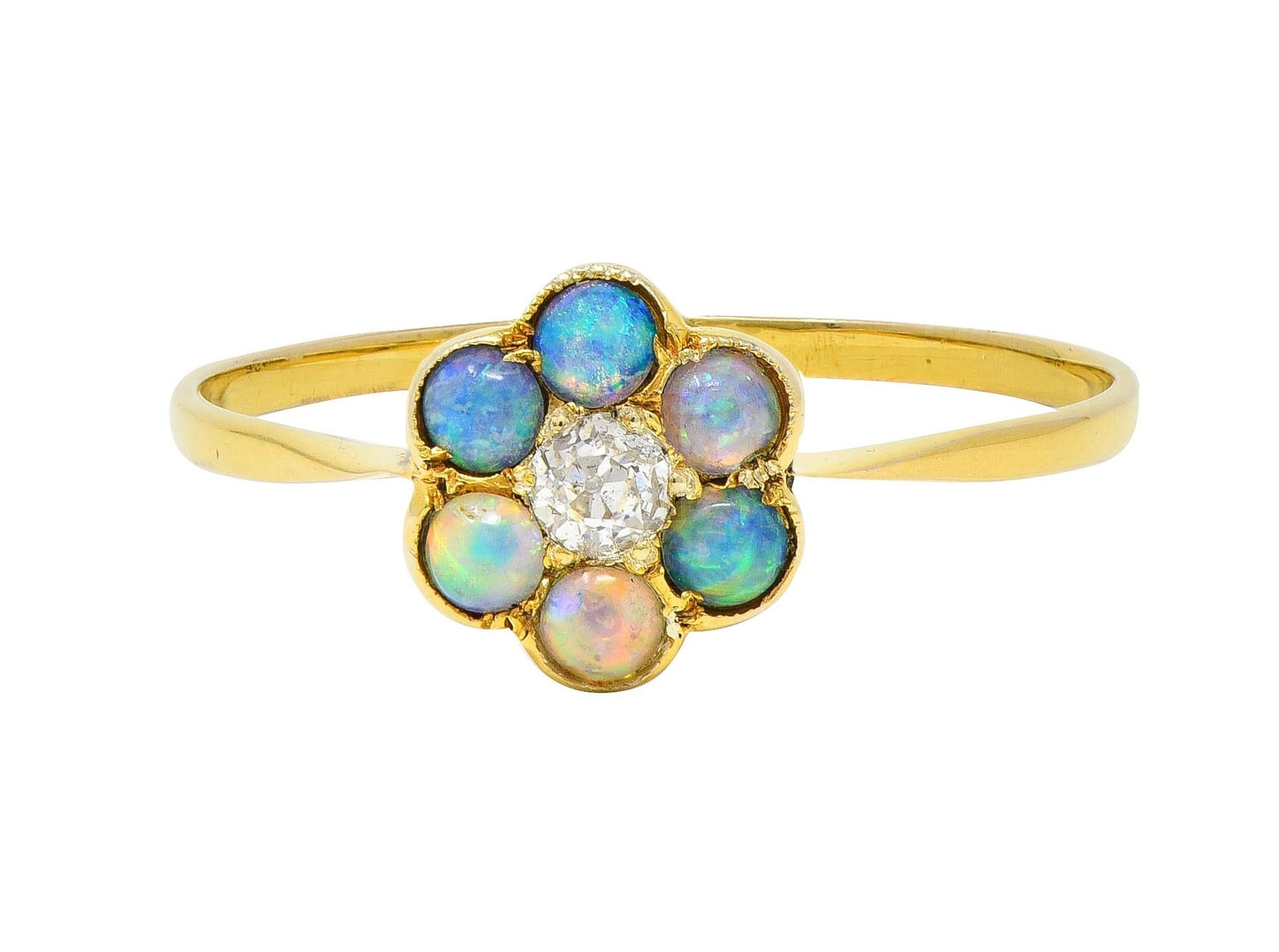 Victorian Opal Diamond 9 Karat Yellow Gold Antique Flower Cluster Ring