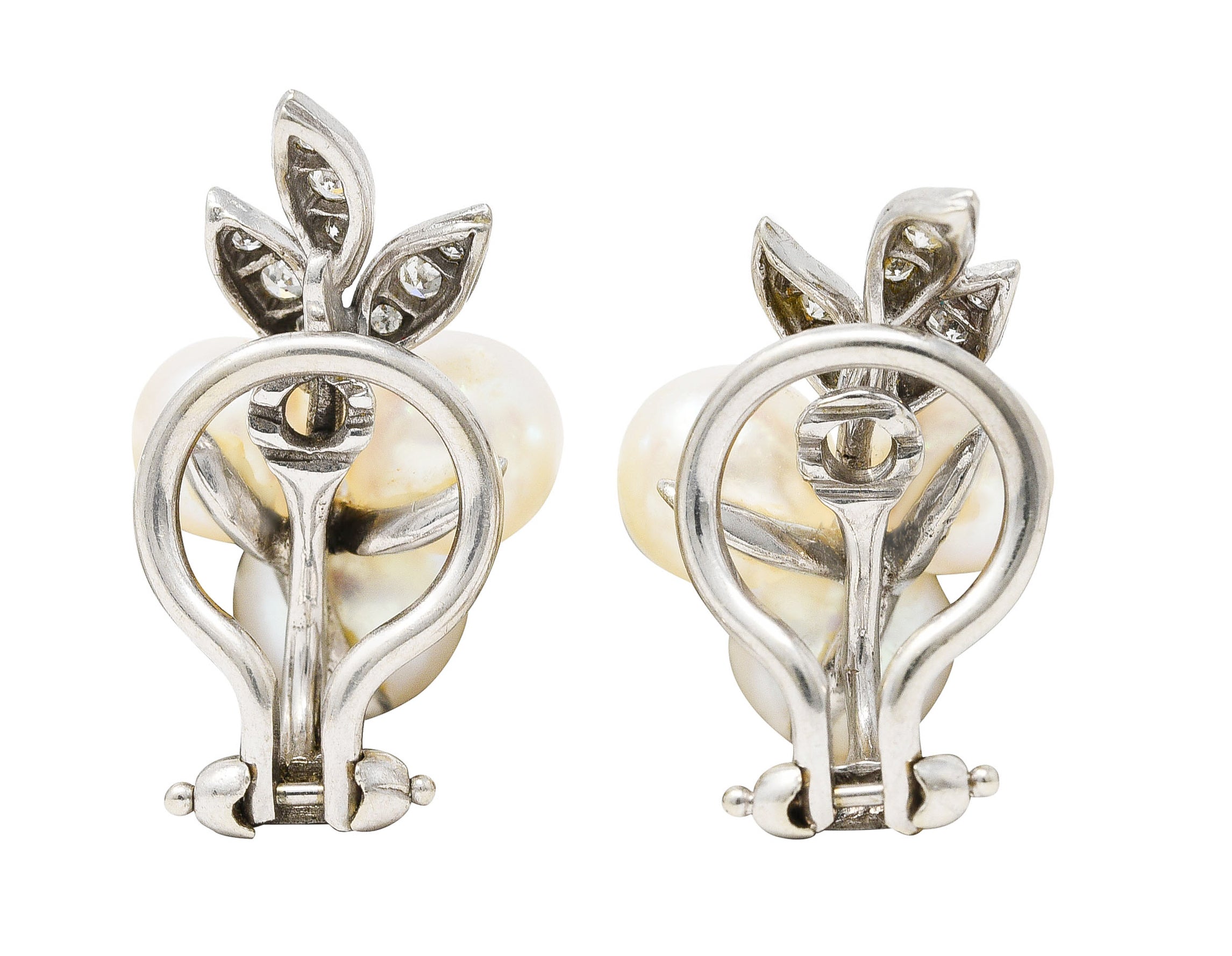 Mid-Century 1950's Diamond Pearl 18 Karat White Gold Foliate Vintage Ear-Clip Earrings Wilson's Estate Jewelry