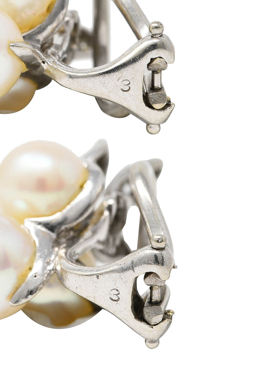 Mid-Century 1950's Diamond Pearl 18 Karat White Gold Foliate Vintage Ear-Clip Earrings Wilson's Estate Jewelry