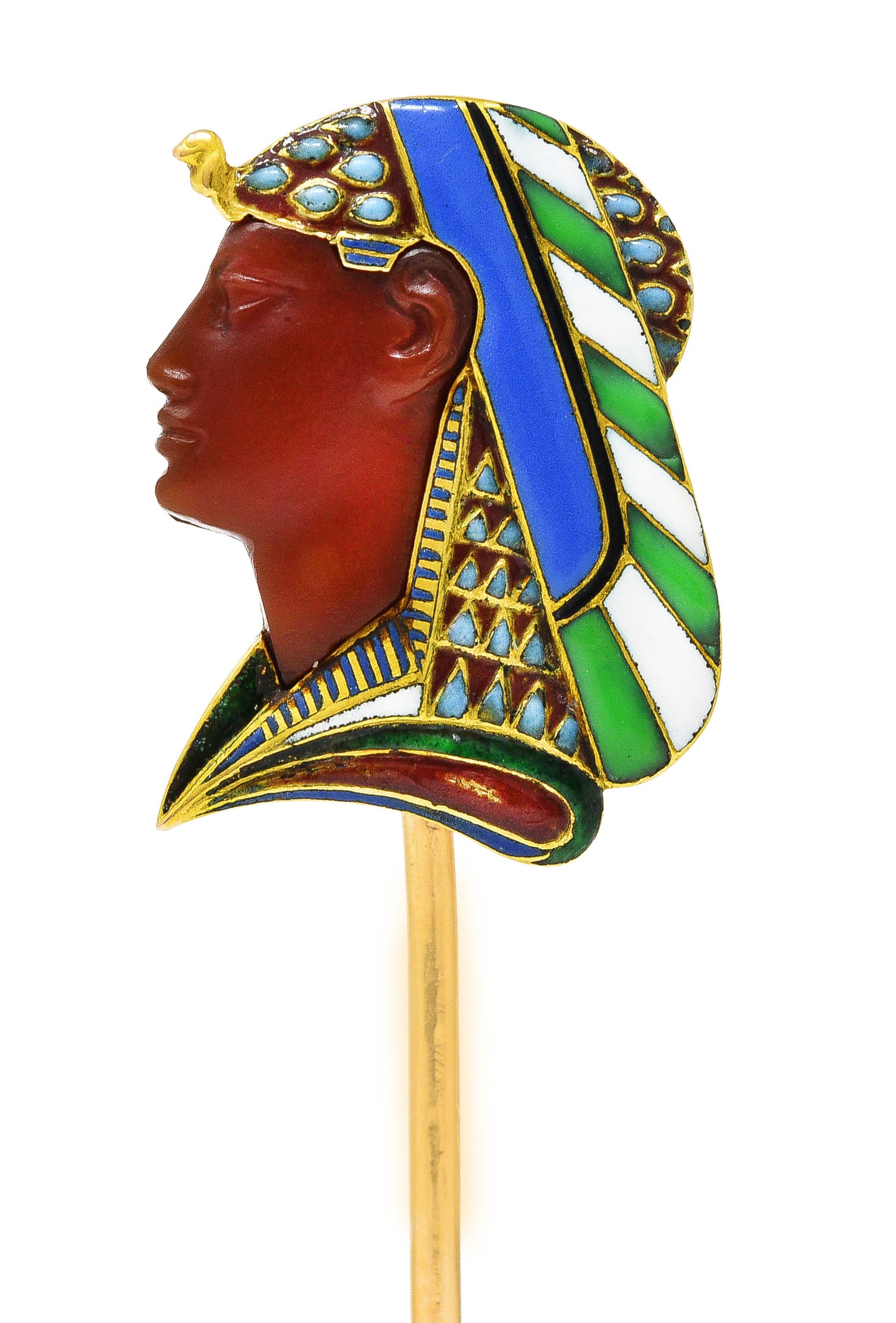 Victorian Egyptian Revival Carnelian Enamel 14 Karat Yellow Gold Pharaoh Antique Stickpin Wilson's Estate Jewelry