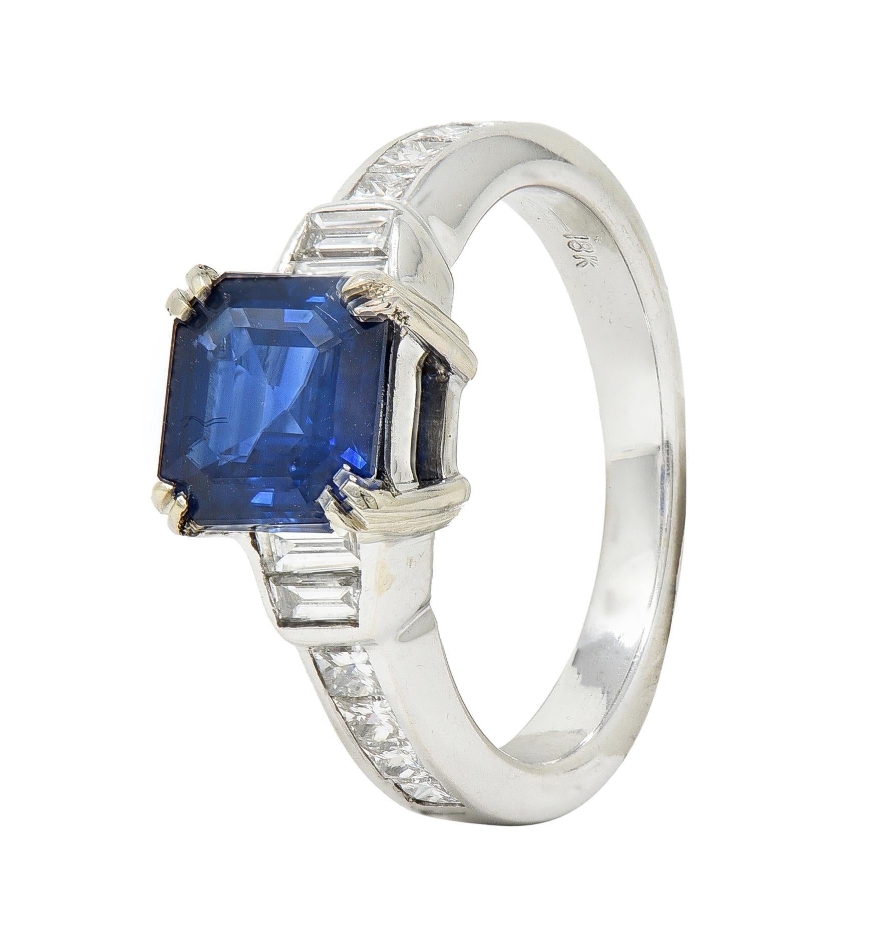 1990's 2.71 CTW Asscher Cut Sapphire Diamond 18 Karat White Gold Ring GIA