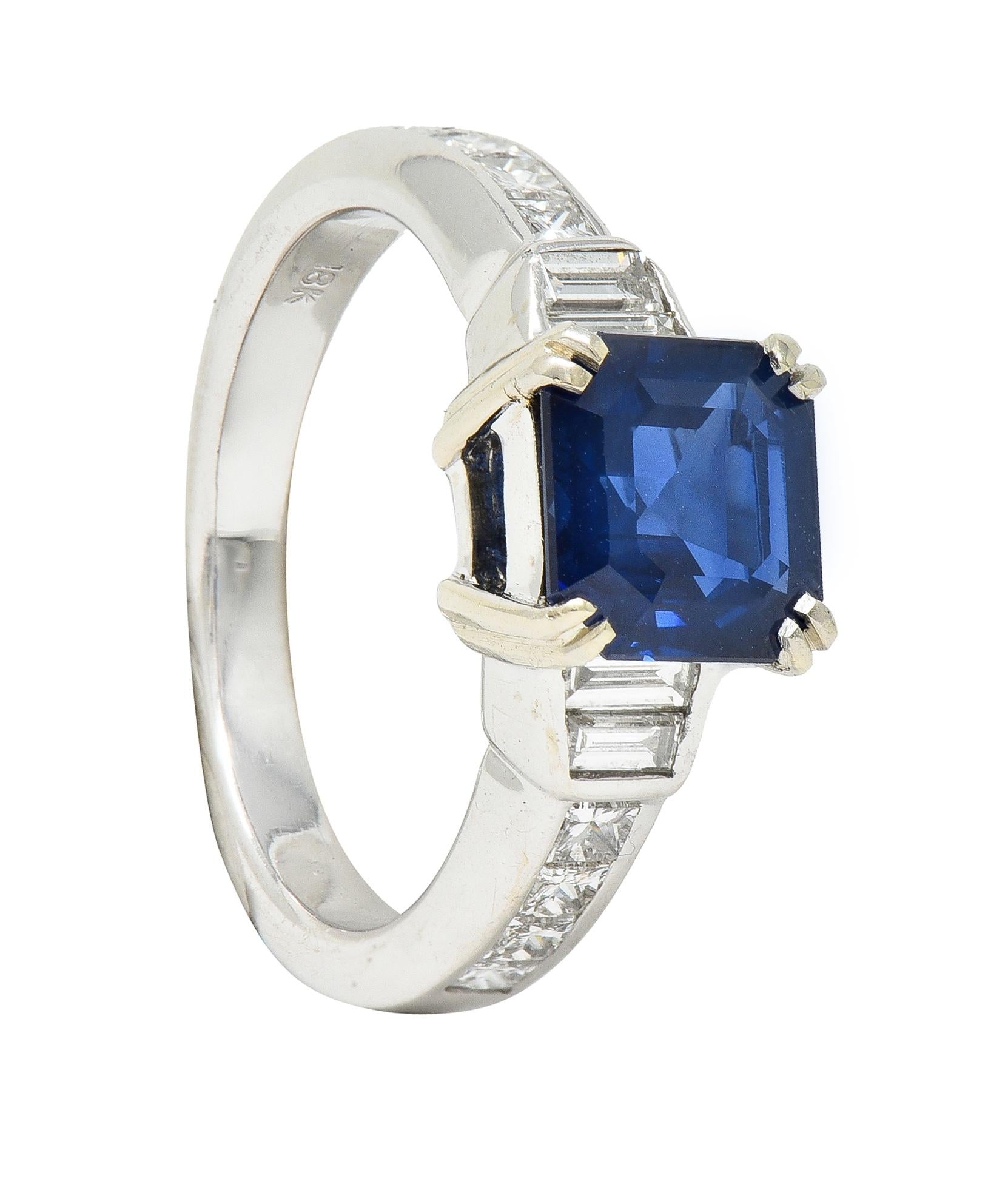 1990's 2.71 CTW Asscher Cut Sapphire Diamond 18 Karat White Gold Ring GIA