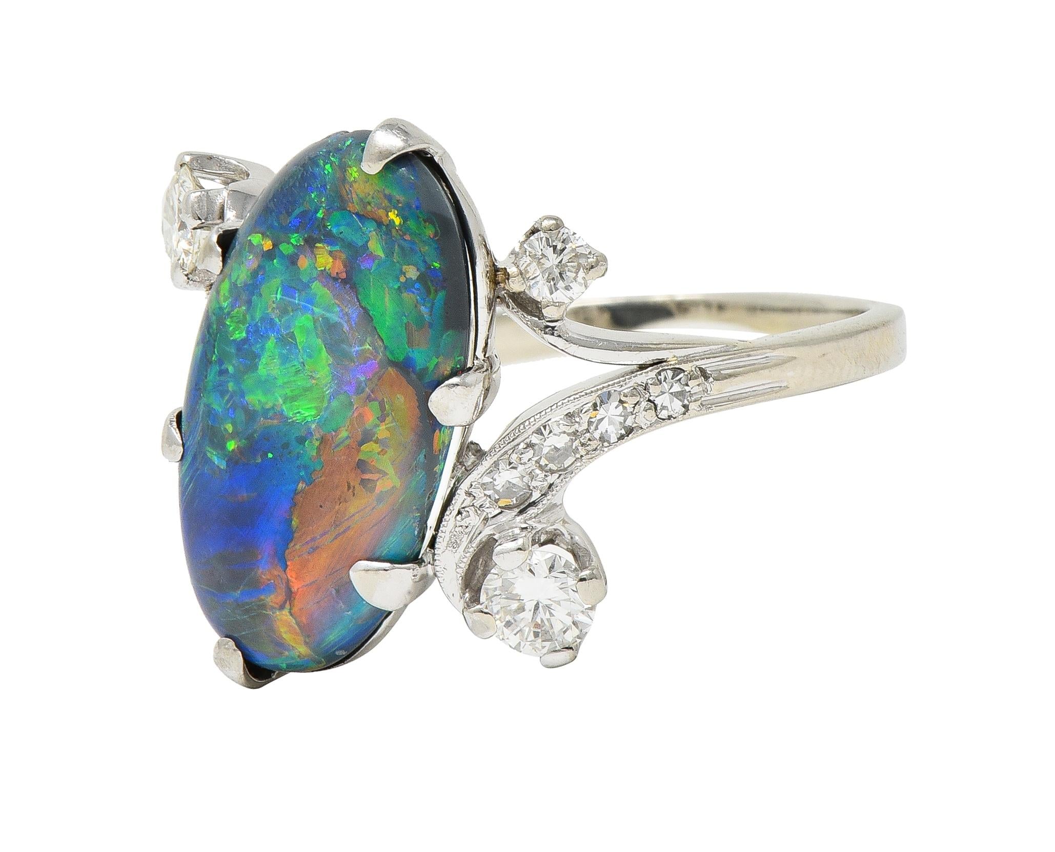 1950's Black Opal Diamond 14 Karat White Gold Scrolling Navette Bypass Ring