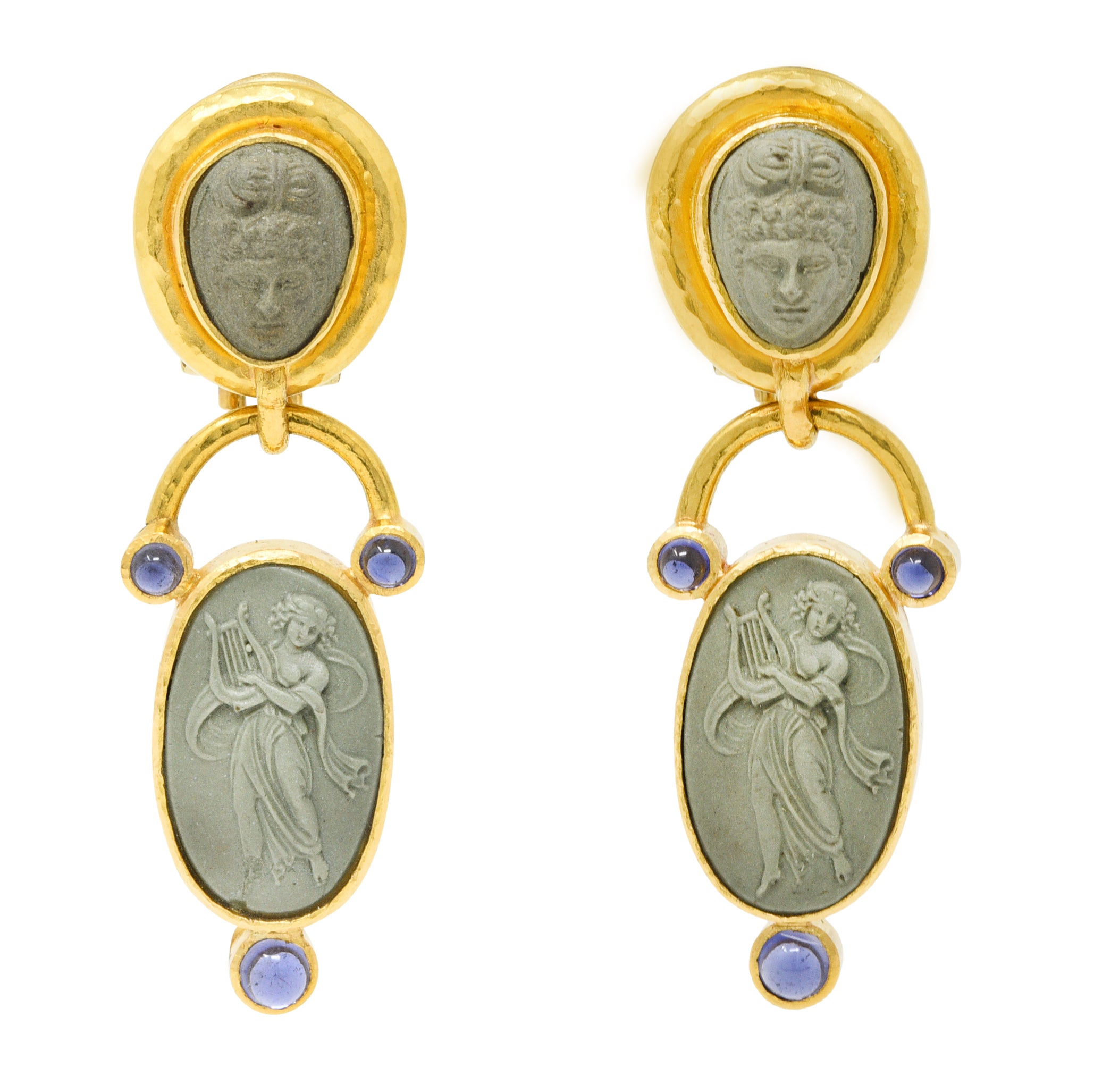 Elizabeth Locke Carved Hardstone Iolite 18 Karat Gold Cameo Drop EarringsEarrings - Wilson's Estate Jewelry