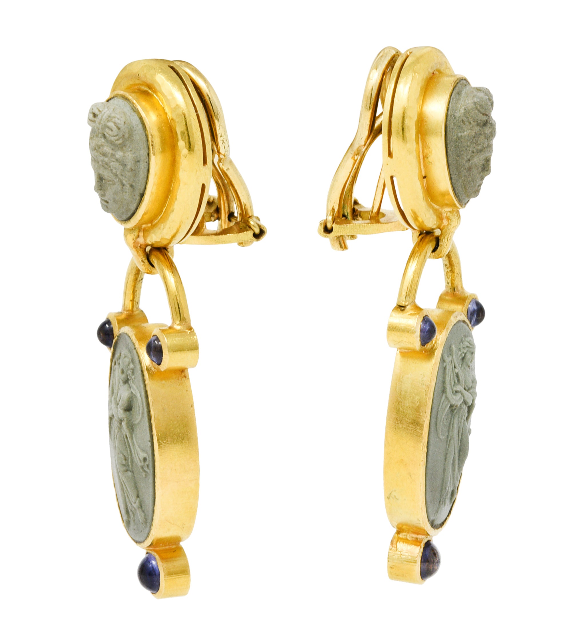 Elizabeth Locke Carved Hardstone Iolite 18 Karat Gold Cameo Drop EarringsEarrings - Wilson's Estate Jewelry